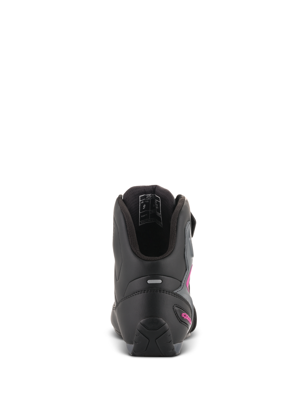 Buty damskie Alpinestars Stella Faster-3 Drystar®, czarno-ciemnoszare z fuksją, widok z tyłu na piętę z odblaskowym paskiem i logo w kolorze fuksji, wodoodporne buty motocyklowe z teksturowaną podeszwą i wyściełanym kołnierzem