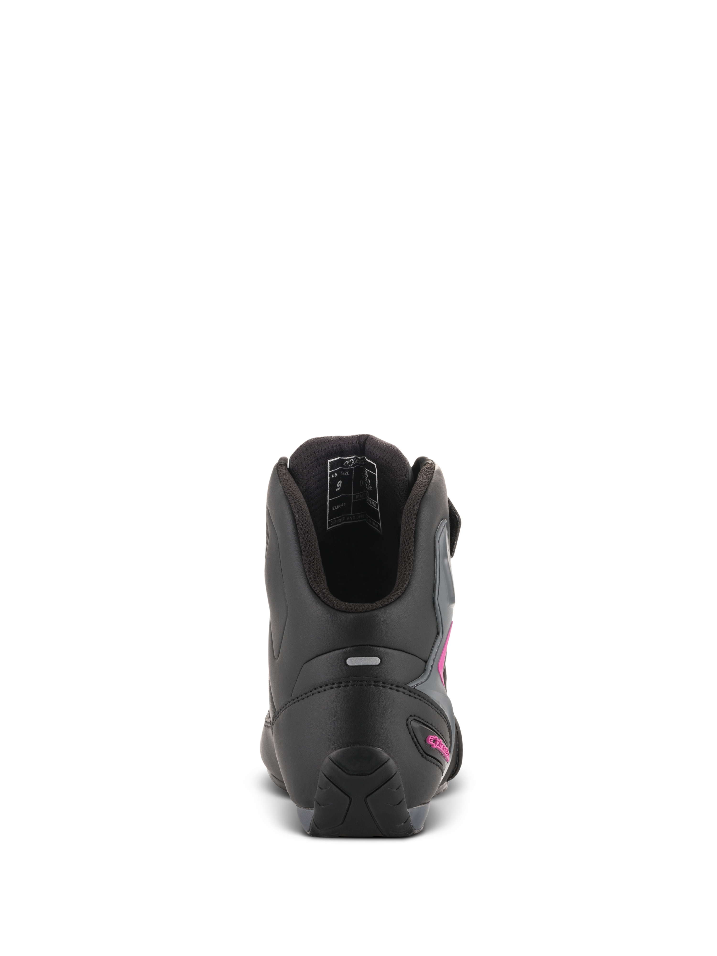 Buty damskie Alpinestars Stella Faster-3 Drystar®, czarno-ciemnoszare z fuksją, widok z tyłu na piętę z odblaskowym paskiem i logo w kolorze fuksji, wodoodporne buty motocyklowe z teksturowaną podeszwą i wyściełanym kołnierzem