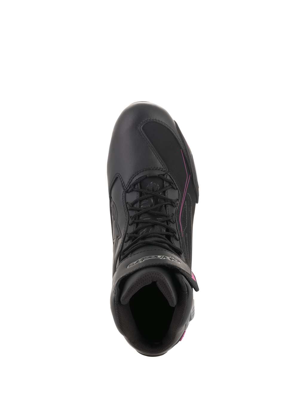 Buty damskie Alpinestars Stella Faster-3 Drystar®, wodoodporne buty motocyklowe, czarne z ciemnoszarymi i fuksjowymi akcentami, widok z góry ukazujący sznurowanie i pasek na rzep, ochronne obuwie do jazdy miejskiej