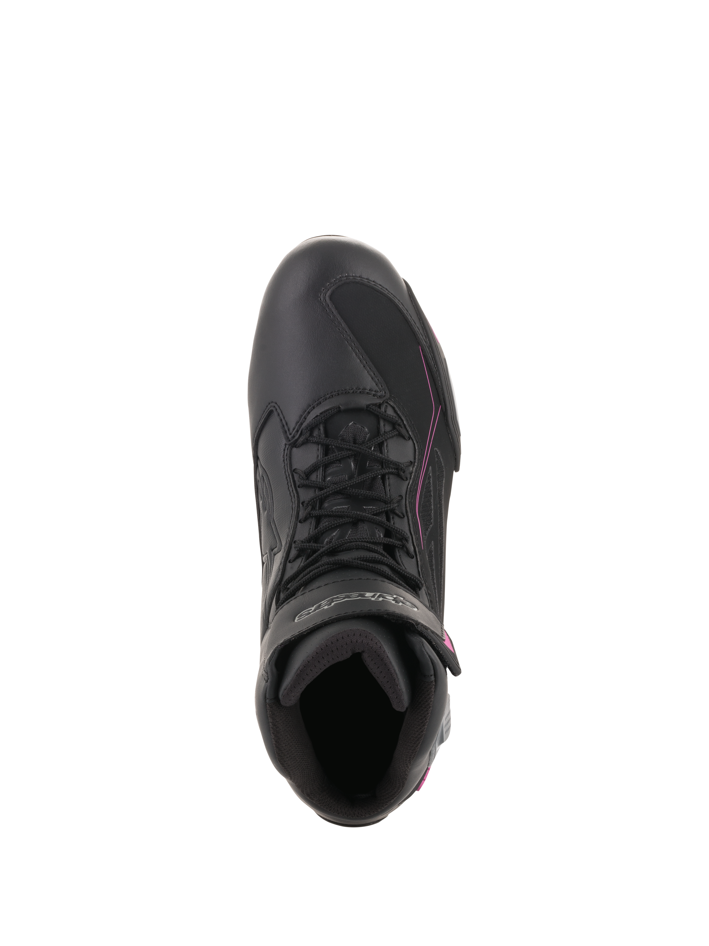 Buty damskie Alpinestars Stella Faster-3 Drystar®, wodoodporne buty motocyklowe, czarne z ciemnoszarymi i fuksjowymi akcentami, widok z góry ukazujący sznurowanie i pasek na rzep, ochronne obuwie do jazdy miejskiej