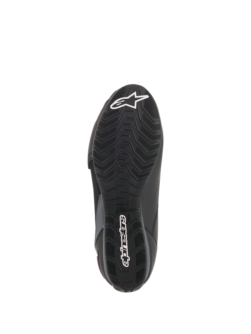 Buty damskie Alpinestars Stella Faster-3 Drystar®, widok podeszwy, czarna gumowa podeszwa zewnętrzna z teksturowanym wzorem bieżnika, białe logo gwiazdy Alpinestars i logotyp marki, wytrzymała konstrukcja obuwia motocyklowego