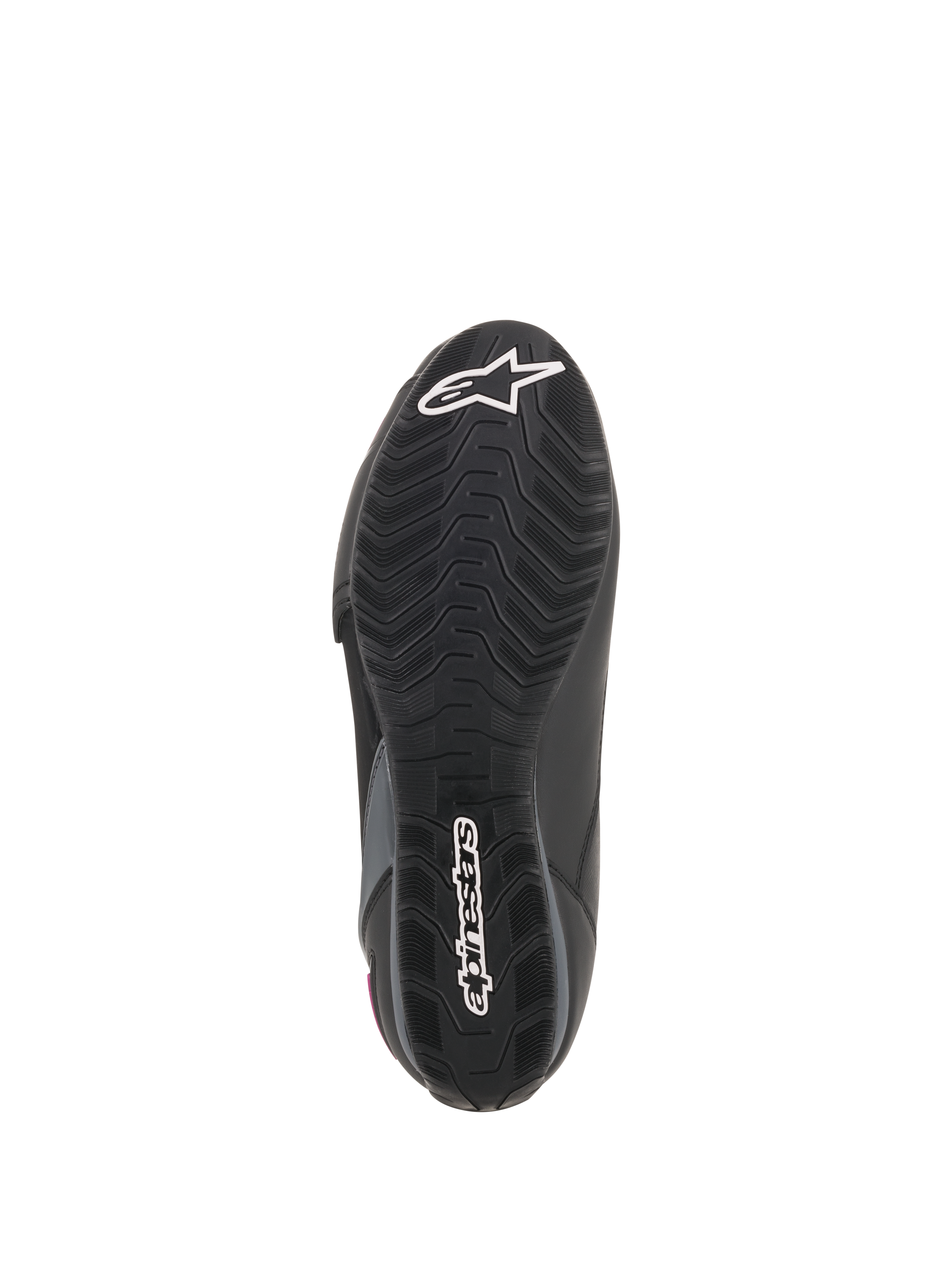 Buty damskie Alpinestars Stella Faster-3 Drystar®, widok podeszwy, czarna gumowa podeszwa zewnętrzna z teksturowanym wzorem bieżnika, białe logo gwiazdy Alpinestars i logotyp marki, wytrzymała konstrukcja obuwia motocyklowego