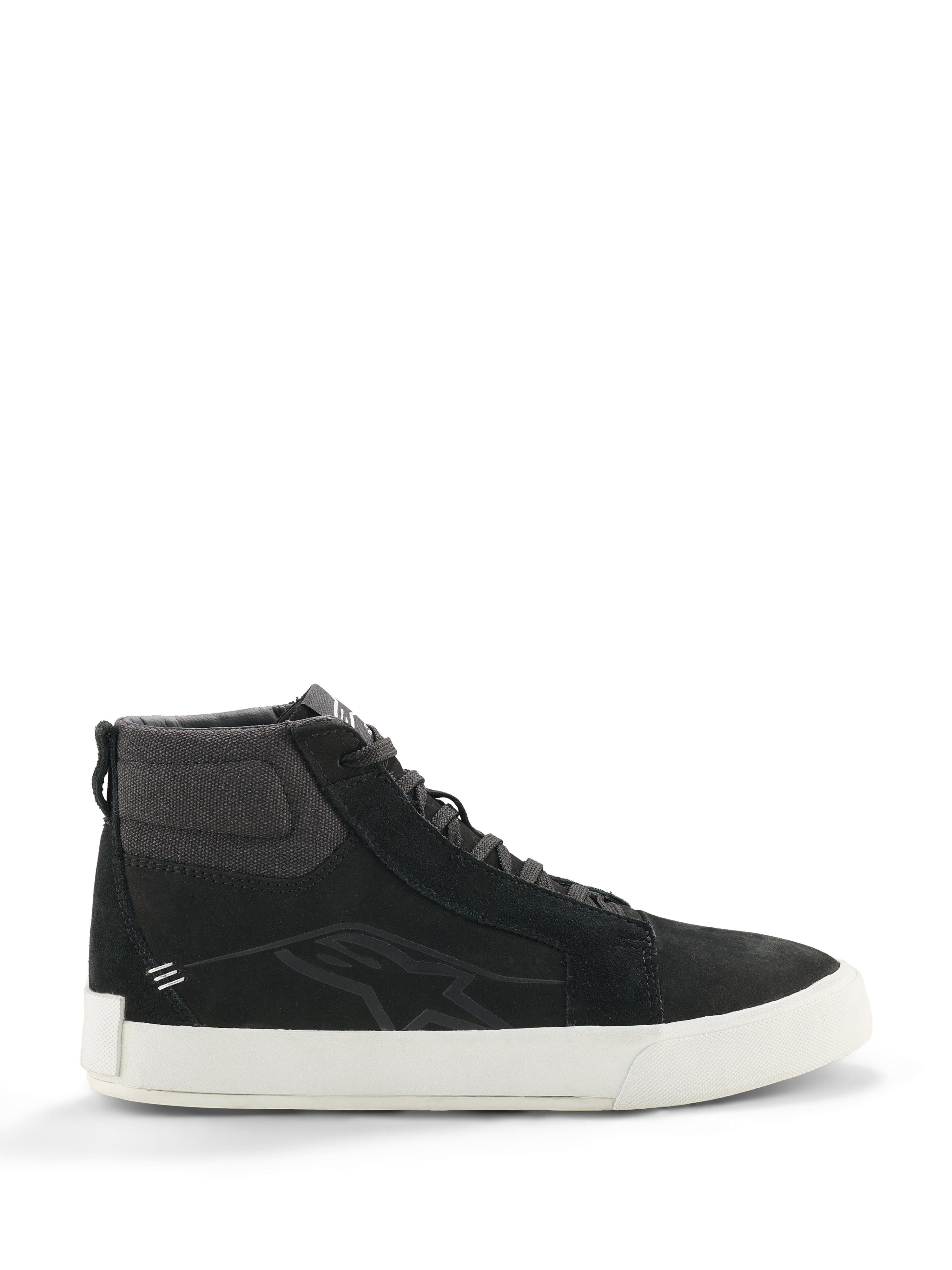 Skórzane buty Alpinestars Ride-63, czarne wysokie sneakersy, miejskie obuwie motocyklowe, biała podeszwa, teksturowany materiałowy kołnierz wokół kostki, czarne zamszowe panele, minimalistyczny design