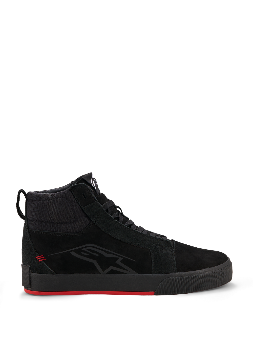 Buty skórzane Alpinestars Ride-63, miejskie buty motocyklowe, czarne z jaskrawoczerwonymi elementami, profil high-top inspirowany stylem skate, cholewka ze skóry premium i nubuku, czarna wulkanizowana podeszwa z jaskrawoczerwonym spodem, subtelne logo z boku, casualowy motocyklowy streetwear