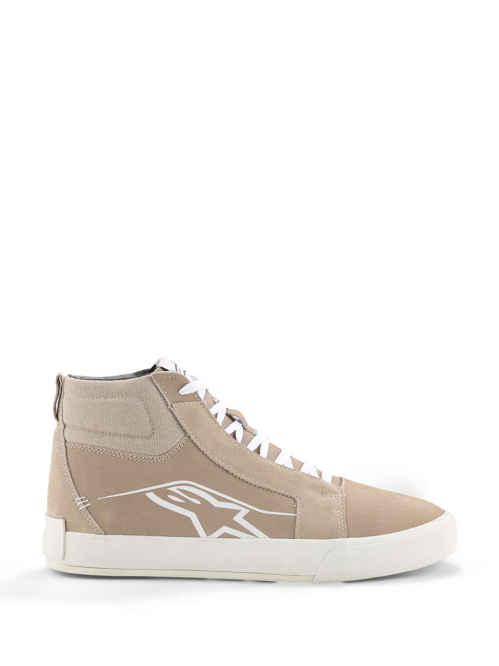 Alpinestars Ride-63 Leather Shoes, miejskie buty motocyklowe, piaskowo-białe, wysoka sylwetka w stylu streetwear z zamszowymi panelami, białe sznurowadła, białe logo Astars z boku i biała podeszwa z wulkanizowanej gumy