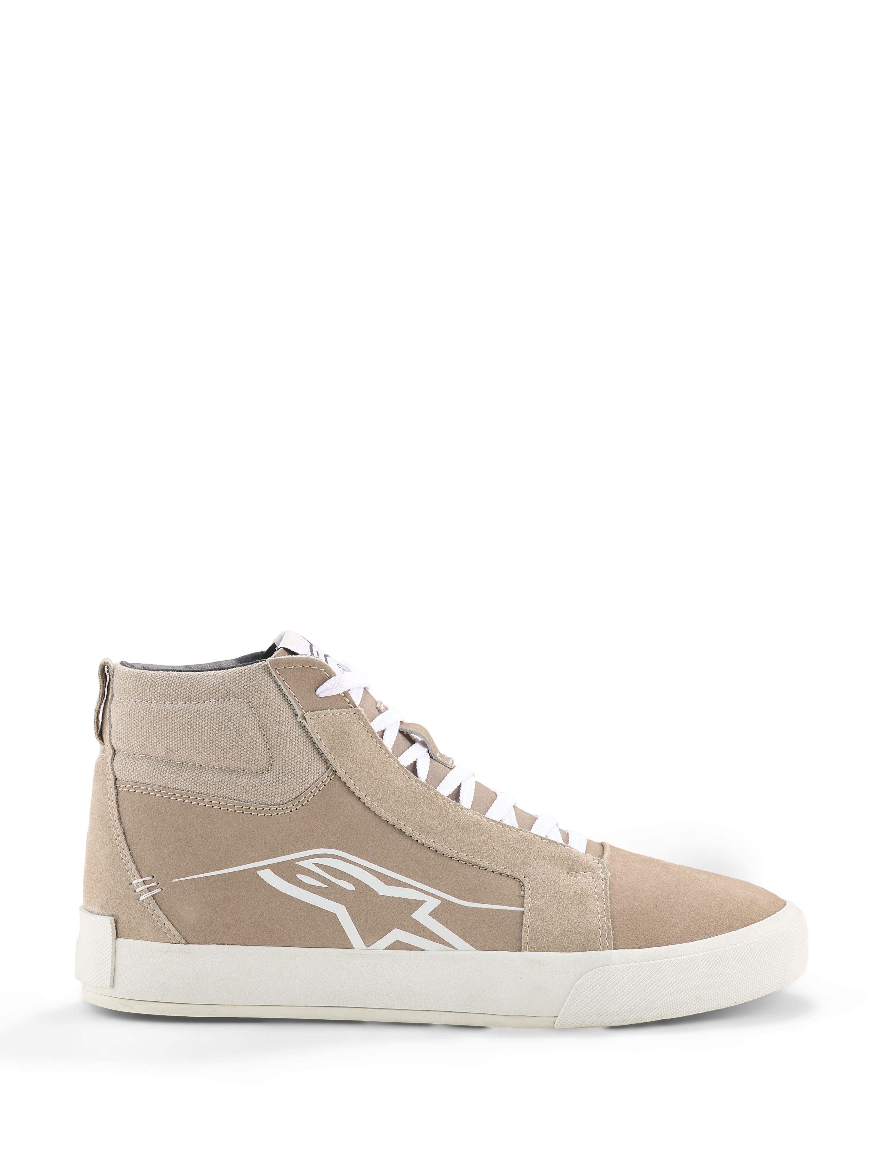 Alpinestars Ride-63 Leather Shoes, miejskie buty motocyklowe, piaskowo-białe, wysoka sylwetka w stylu streetwear z zamszowymi panelami, białe sznurowadła, białe logo Astars z boku i biała podeszwa z wulkanizowanej gumy