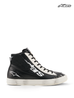 Alpinestars Stated Flair Shoes, men's urban motorcycle riding shoes in black and white, high-top leather design with CE-certified ankle protection and vintage racing patina
