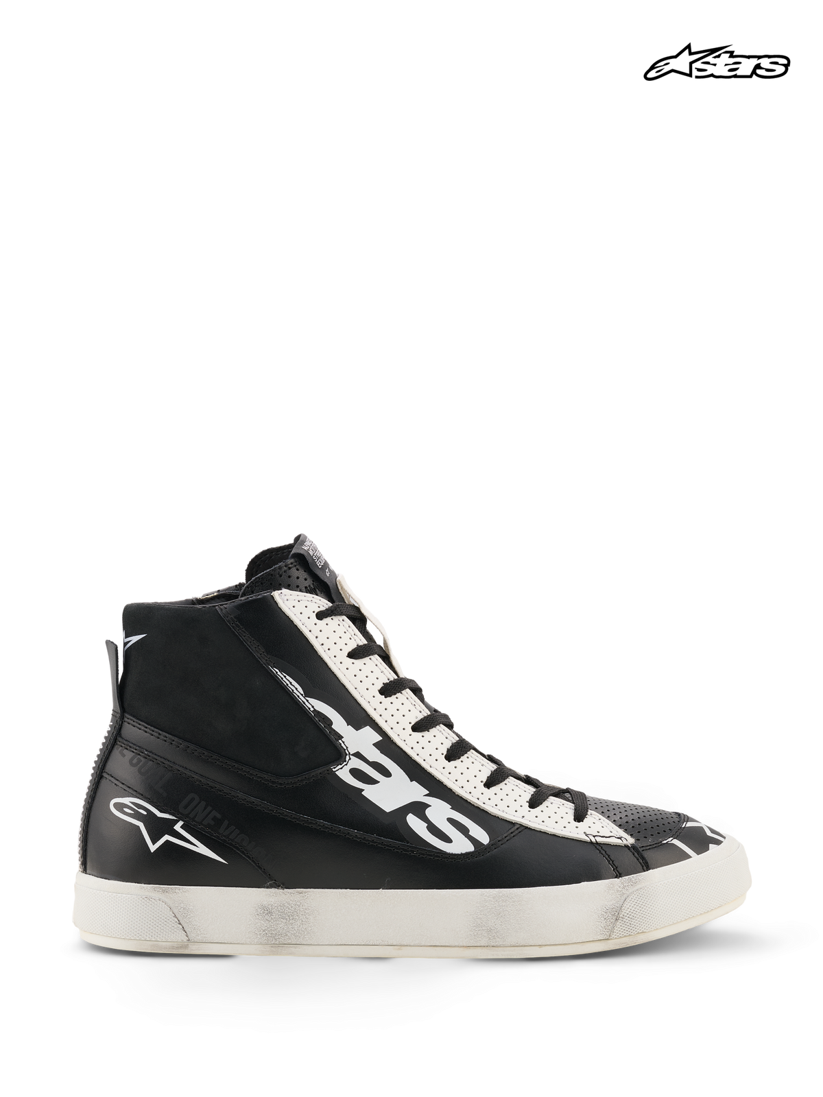 Alpinestars Stated Flair Shoes, men's urban motorcycle riding shoes in black and white, high-top leather design with CE-certified ankle protection and vintage racing patina