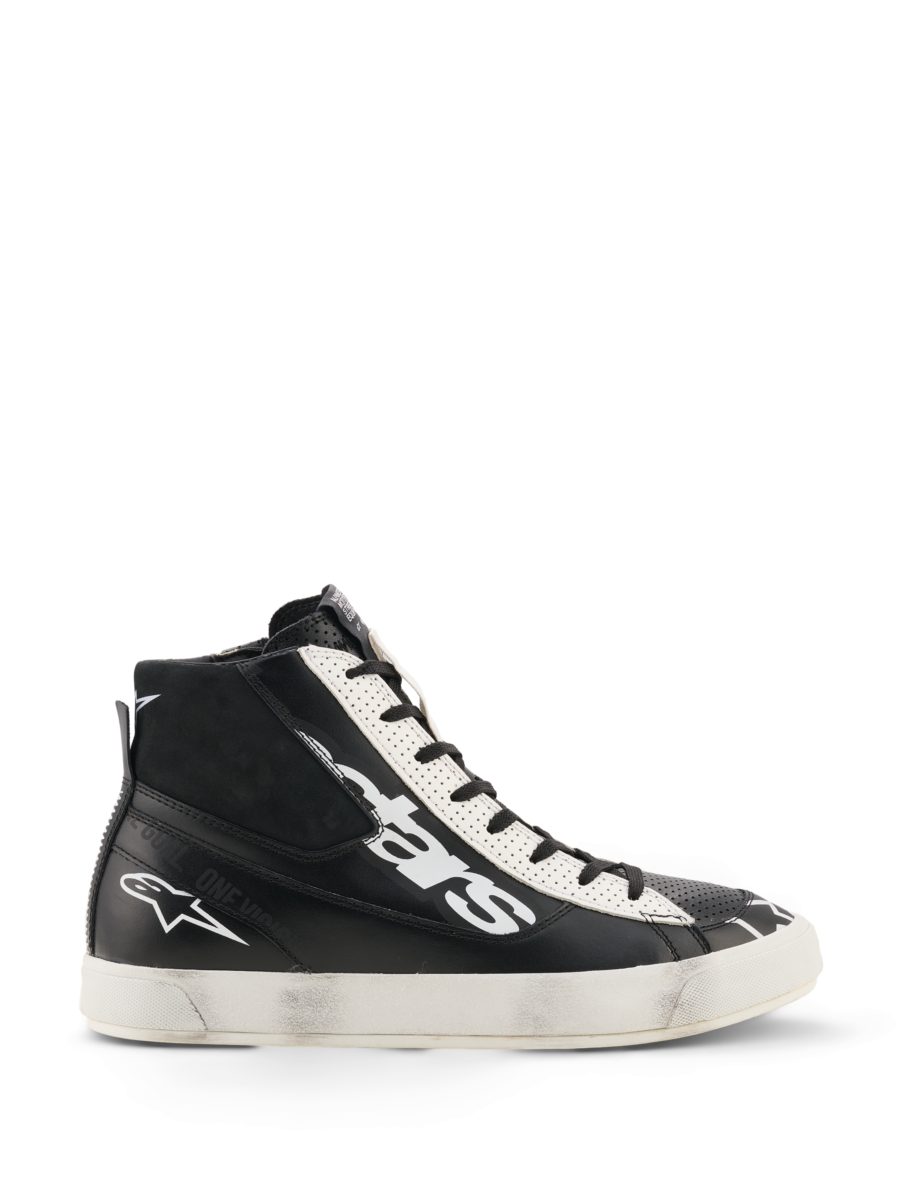 Alpinestars Stated Flair Shoes, miejskie buty motocyklowe, czarno-białe, skórzana konstrukcja za kostkę z dużym białym logo z boku, biały perforowany panel z oczkami, boczny zamek błyskawiczny oraz biała gumowa podeszwa z patyną vintage