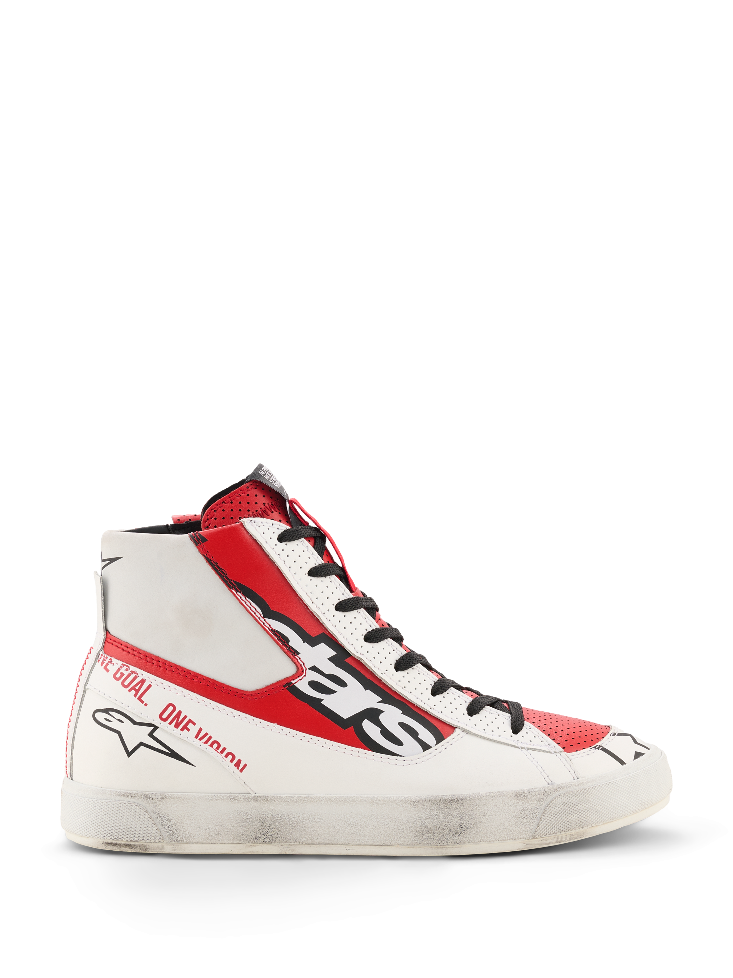 Alpinestars Stated Flair Shoes, high-top motorcycle riding shoes, White and Bright Red, premium leather construction with a hand-applied worn finish on the white sole, large black Alpinestars branding on the side, red panels and heel text, vintage-inspired racing aesthetic