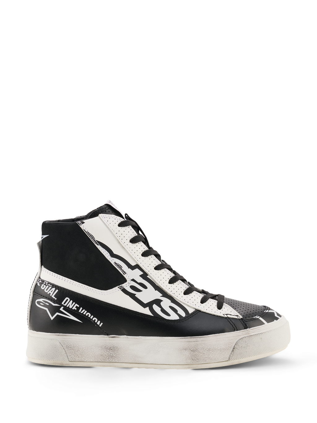 Alpinestars Stella Stated Flair Shoes, damskie wysokie buty motocyklowe, czarno-białe, perforowane skórzane panele, wyraziste logo, postarzana podeszwa z efektem zużycia, miejski styl streetwear inspirowany motorsportem