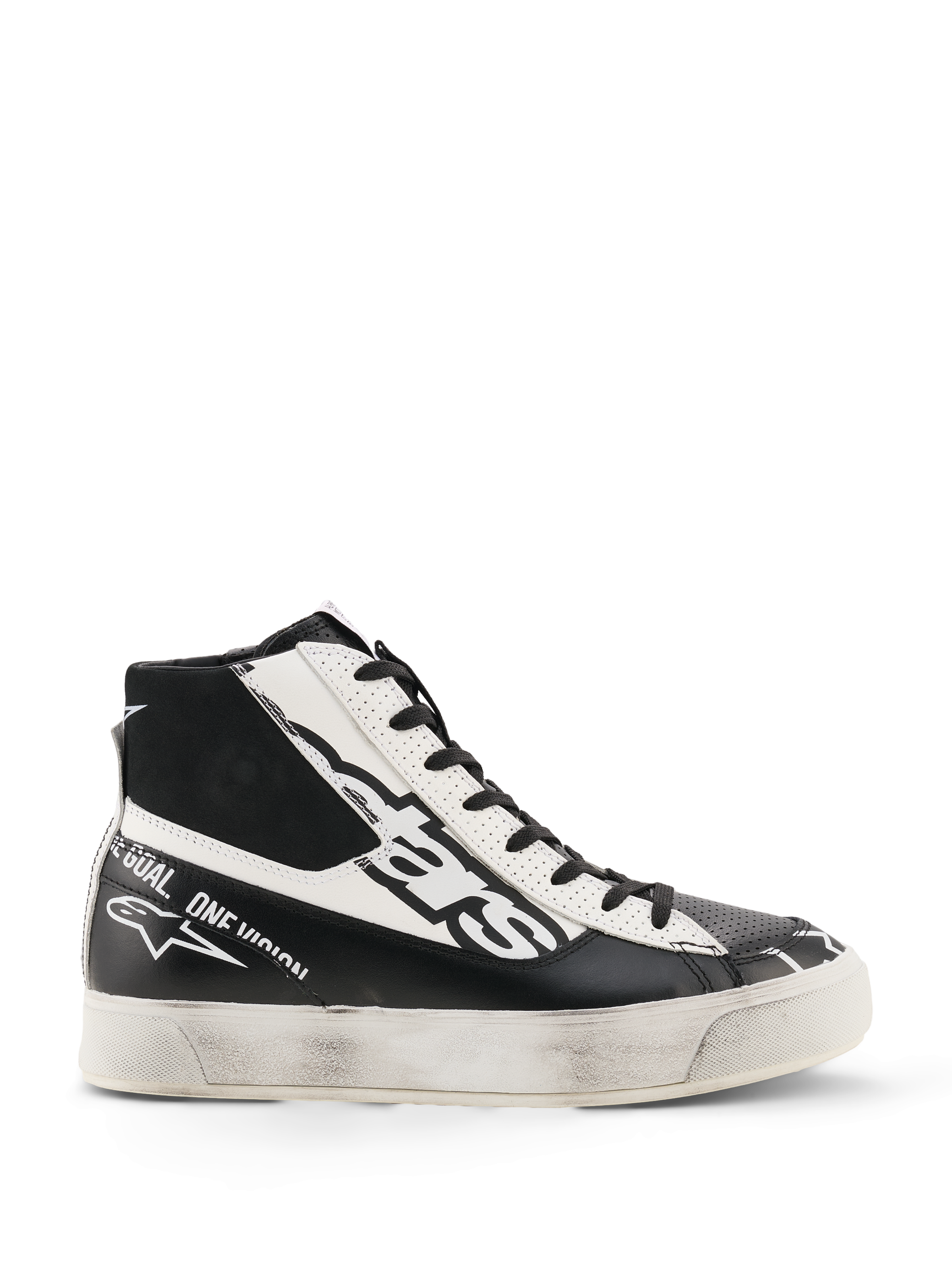 Alpinestars Stella Stated Flair Shoes, damskie wysokie buty motocyklowe, czarno-białe, perforowane skórzane panele, wyraziste logo, postarzana podeszwa z efektem zużycia, miejski styl streetwear inspirowany motorsportem