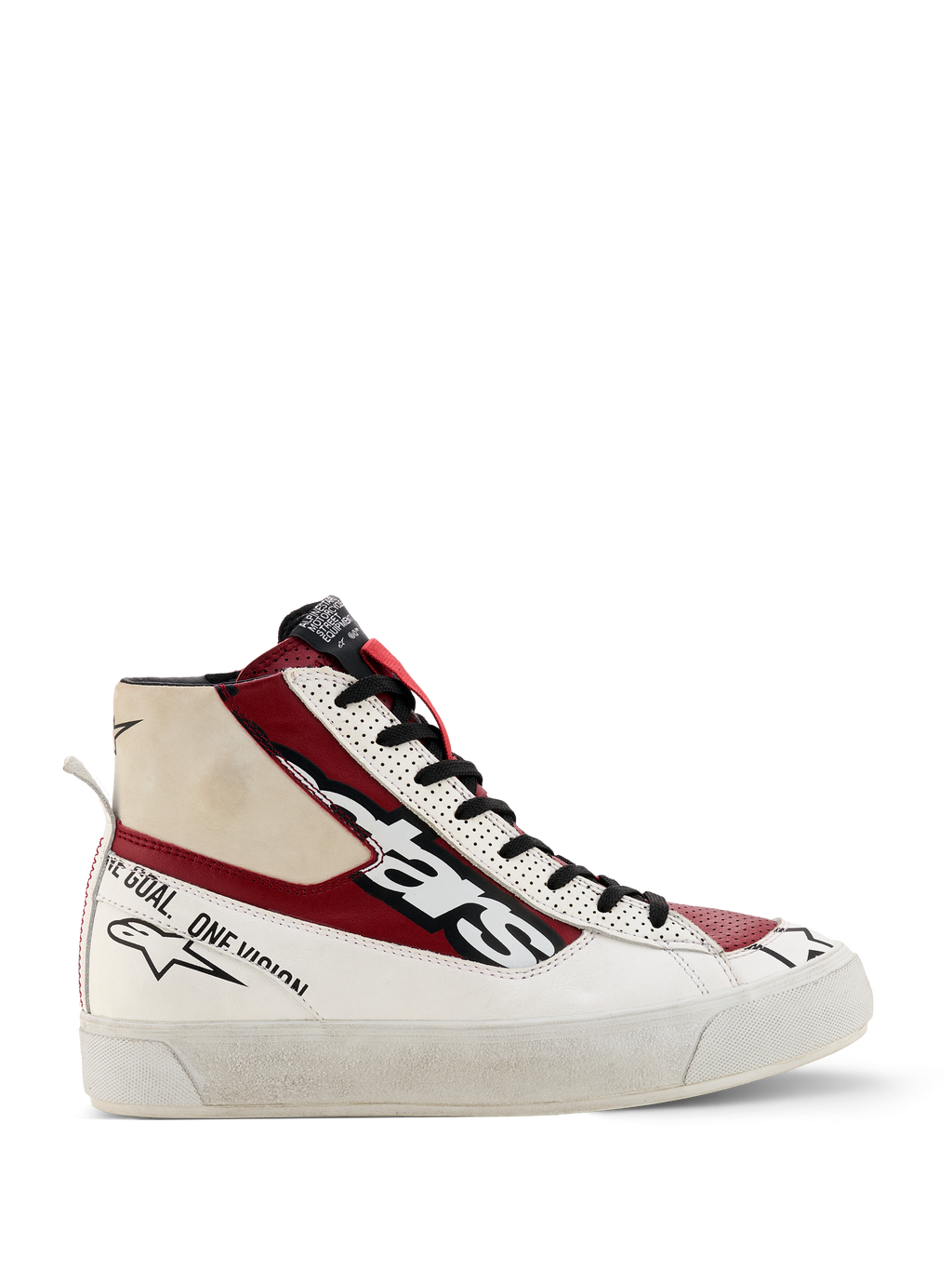Alpinestars Stella Stated Flair Shoes, damskie wysokie sneakersy, czerwone, białe i czarne, design inspirowany motorsportem z napisem „one goal one vision”, teksturowana biała podeszwa, pętelka ułatwiająca zakładanie, skórzana i tekstylna konstrukcja