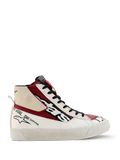 Alpinestars Stella Stated Flair Shoes, damskie wysokie sneakersy, czerwone, białe i czarne, design inspirowany motorsportem z napisem „one goal one vision”, teksturowana biała podeszwa, pętelka ułatwiająca zakładanie, skórzana i tekstylna konstrukcja