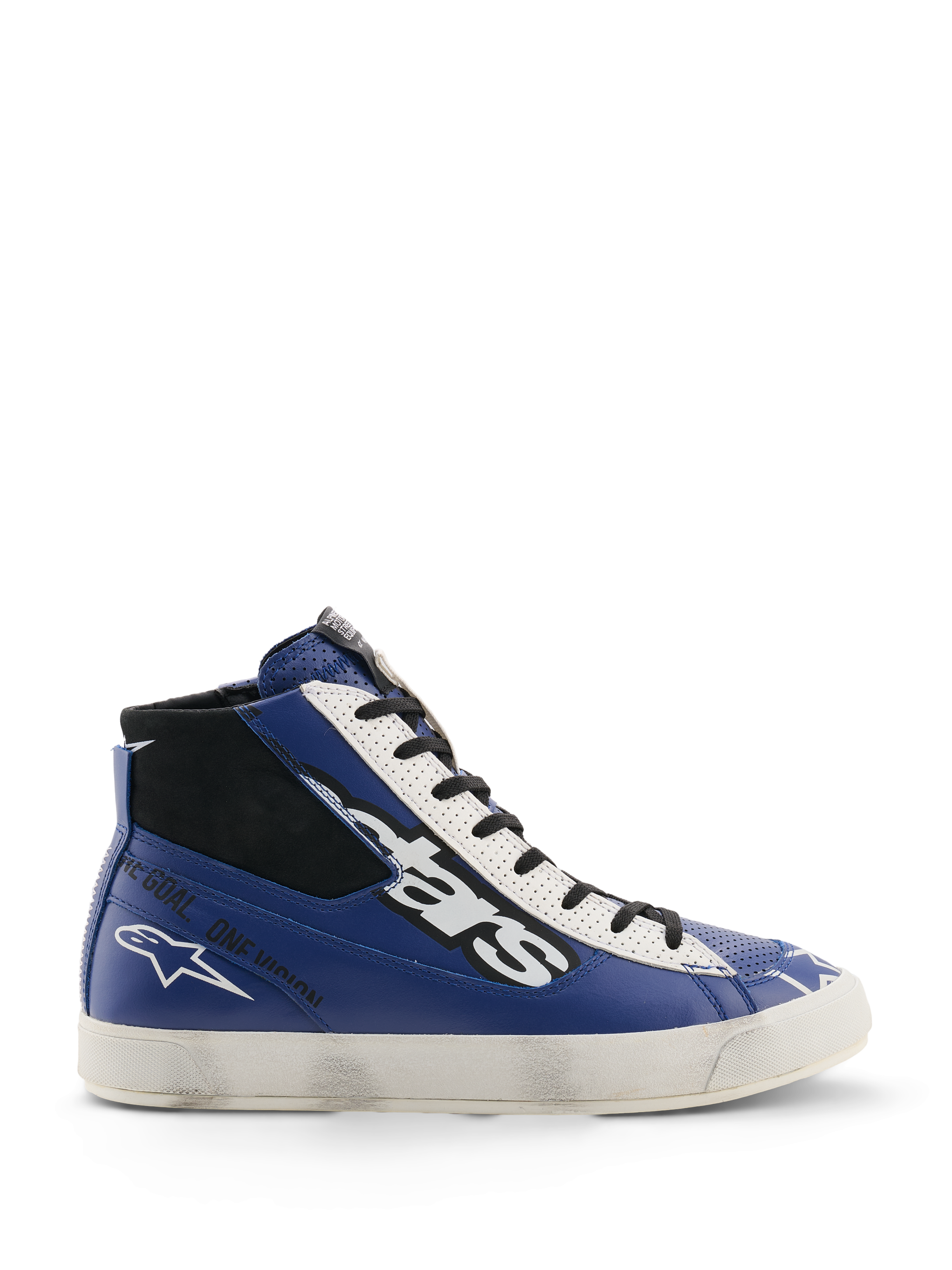 Alpinestars Stated Flair Shoes, miejskie buty motocyklowe, jaskrawoniebieskie, białe i czarne, skórzana konstrukcja za kostkę z dużym biało-czarnym logo stars, napis „One Goal. One Vision.” z boku, biała wulkanizowana podeszwa w stylu vintage z ręcznie nakładanym efektem zużycia