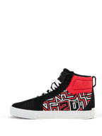 Alpinestars FQ20 Ride-63 Canvas Shoes, High-Top Motorcycle Riding Shoe, Black White and Bright Red, featuring a stylized graphic pattern on the side, white laces, and a thick white vulcanized sole, casual skate-style design for urban riding