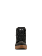 Buty Alpinestars J-6 Waterproof, buty motocyklowe, Black Gum, widok z przodu przedstawiający czarne sznurowadła i brązową gumową podeszwę, design w stylu sneakersów do miejskiej jazdy szosowej