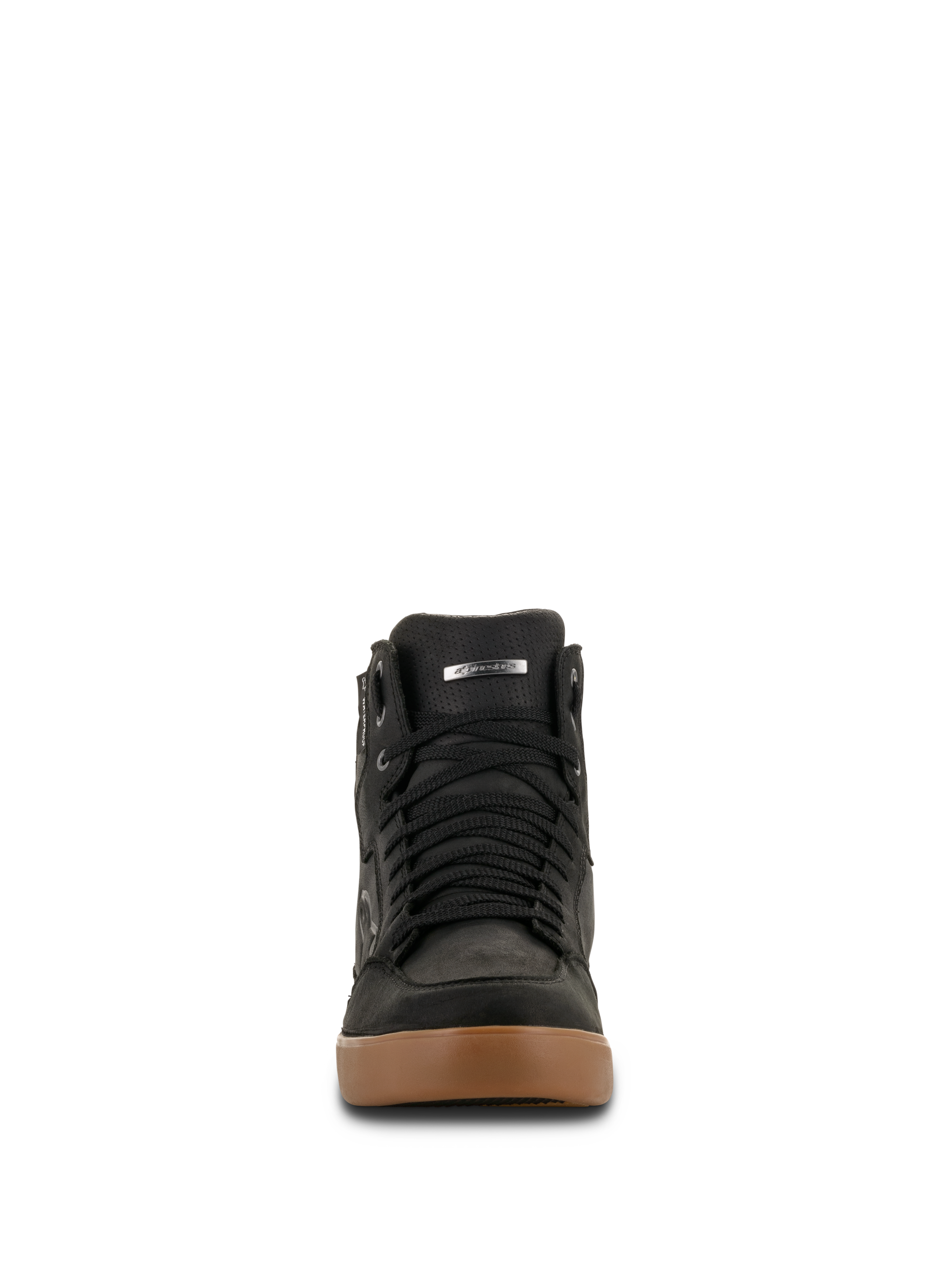 Buty Alpinestars J-6 Waterproof, buty motocyklowe, Black Gum, widok z przodu przedstawiający czarne sznurowadła i brązową gumową podeszwę, design w stylu sneakersów do miejskiej jazdy szosowej