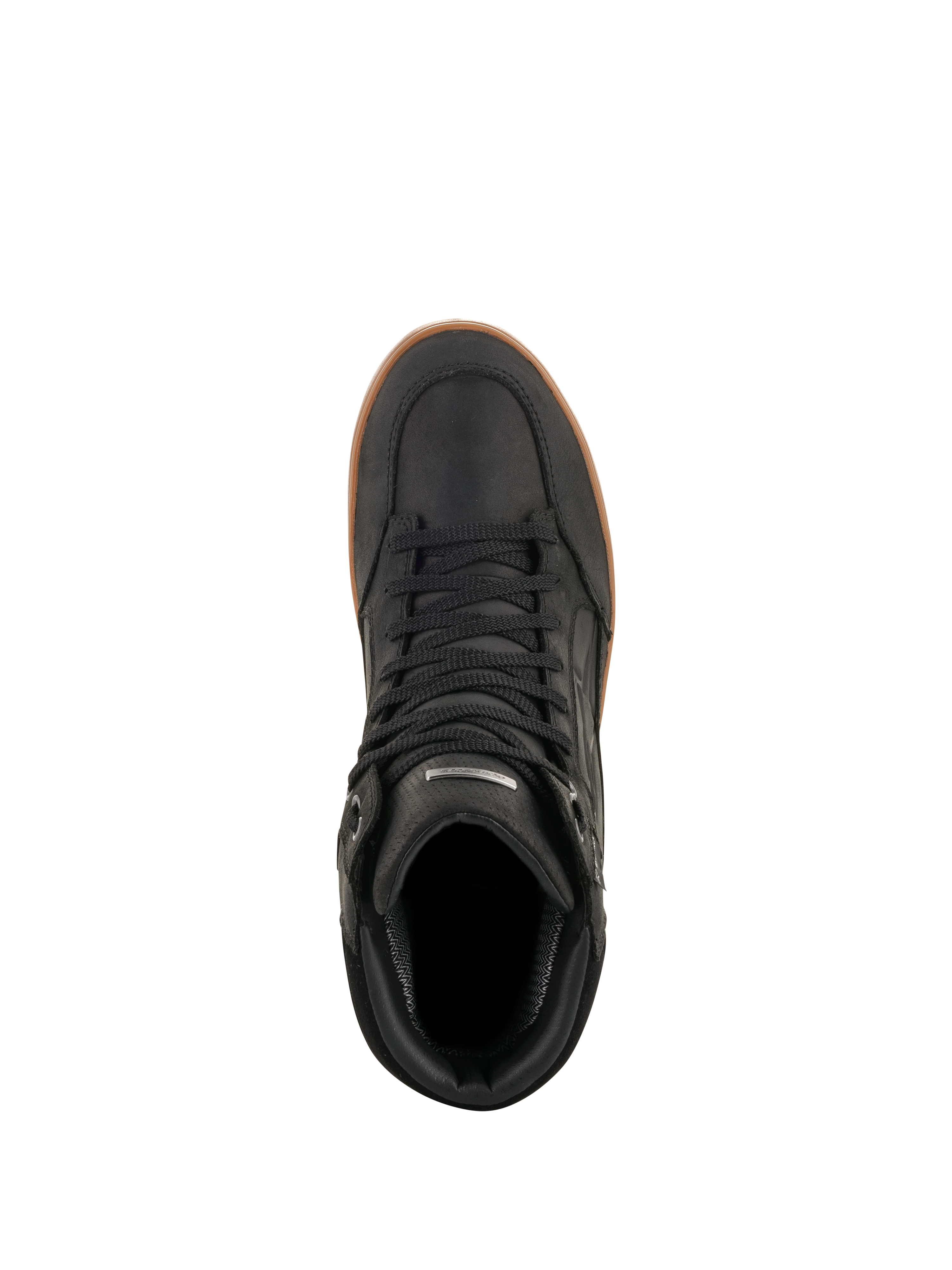 Buty Alpinestars J-6 Waterproof, Black Gum, widok z góry, czarne skórzane buty motocyklowe z gumową podeszwą, miejskie sneakersy z czarnymi sznurowadłami