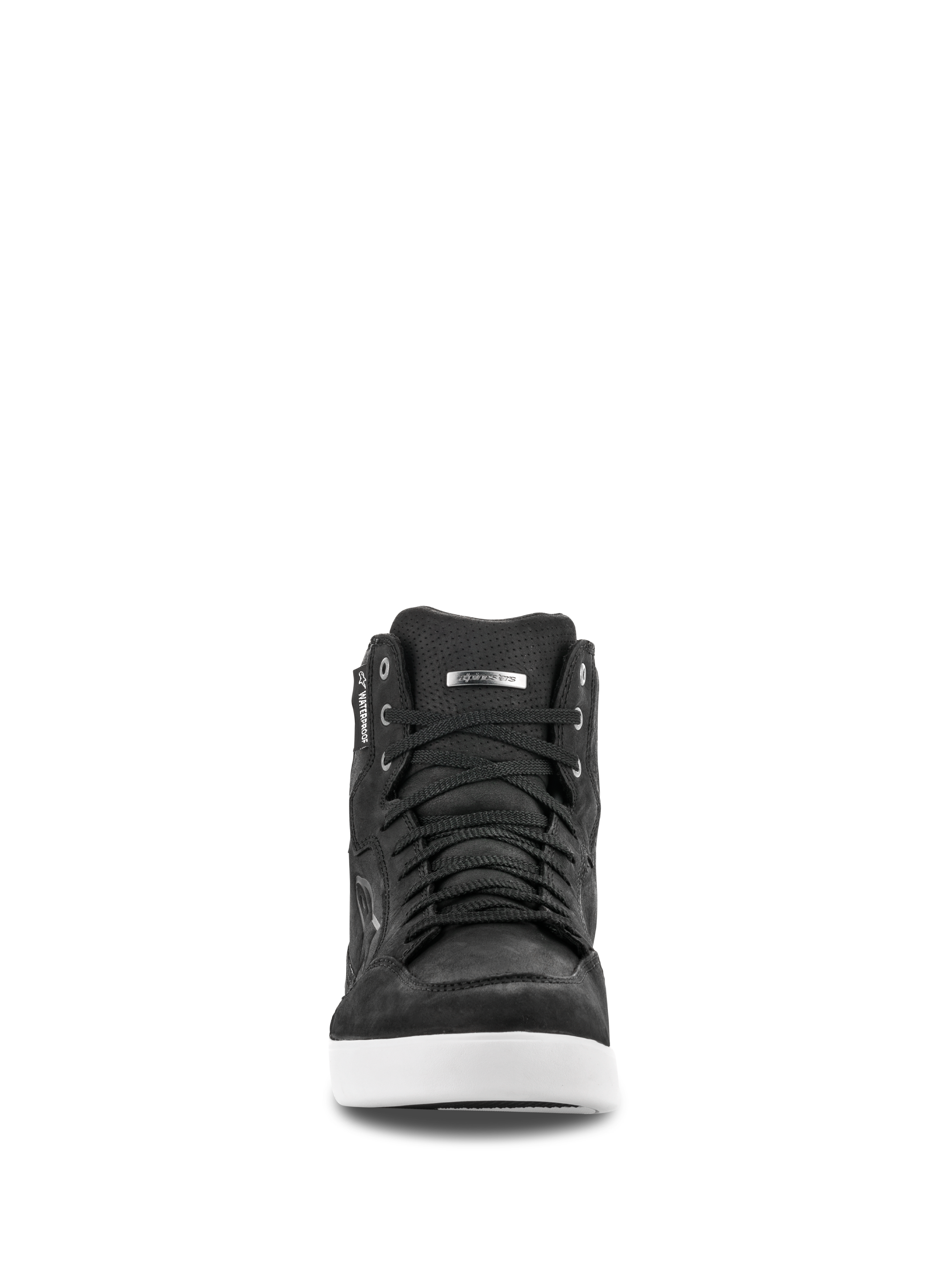 Alpinestars J-6 Waterproof Shoe, widok z przodu, czarne skórzane buty motocyklowe z białą podeszwą, design w stylu sneakersów z czarnymi sznurowadłami, z metką waterproof i srebrnym detalem z logo, miejskie obuwie motocyklowe