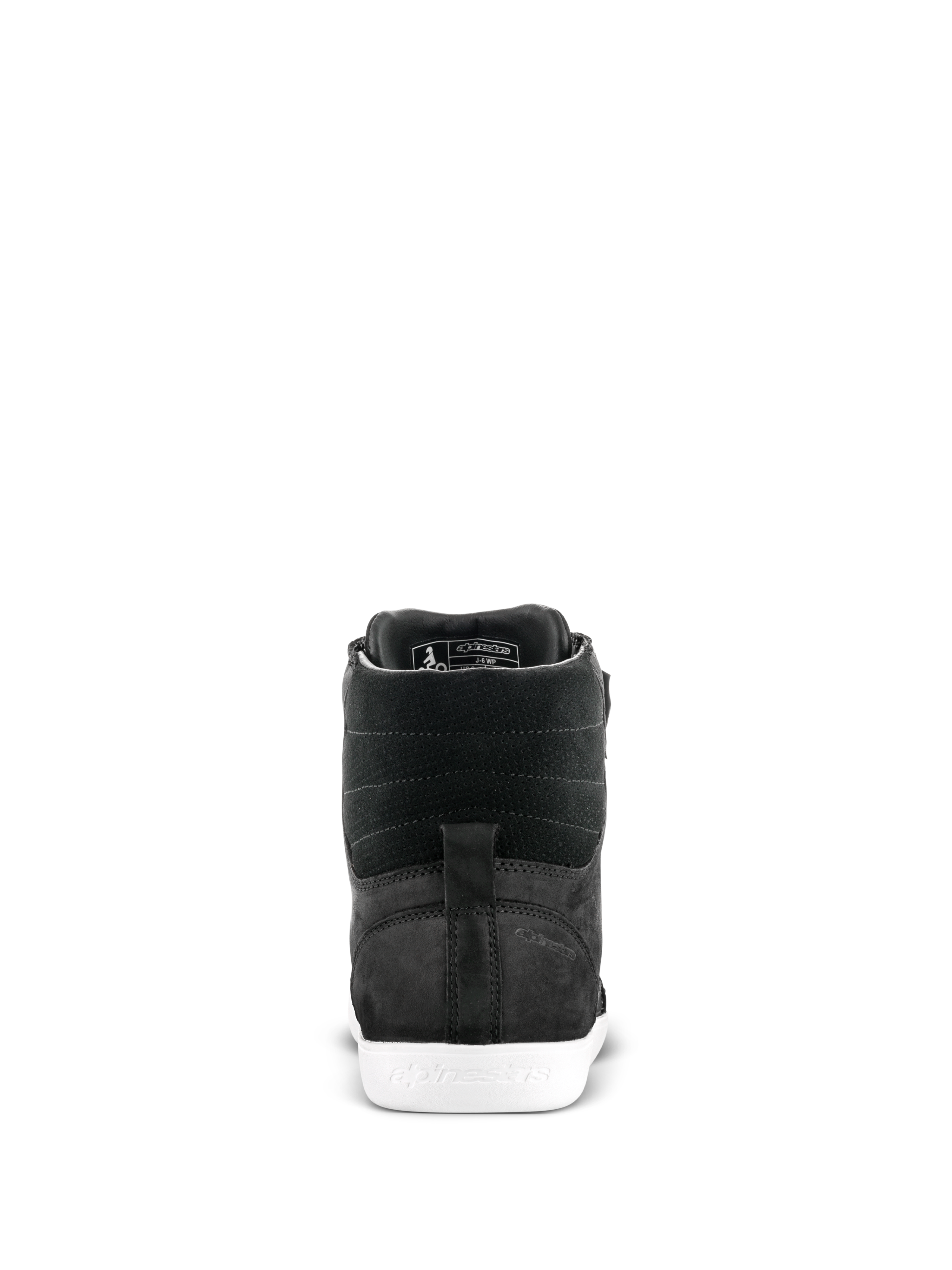 Alpinestars J-6 Waterproof Shoe, buty motocyklowe, czarno-białe, widok z tyłu przedstawiający piętę i teksturowaną skórzaną cholewkę z białą gumową podeszwą
