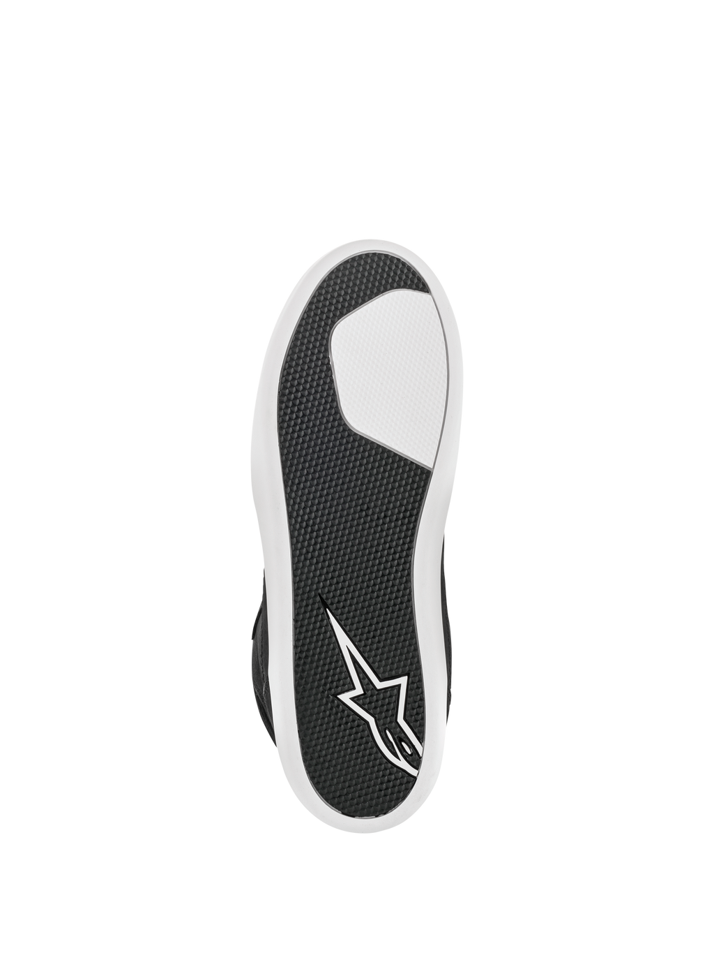 Buty Alpinestars J-6 Waterproof, czarno-białe, widok od dołu ukazujący zaawansowaną gumową podeszwę, teksturowany wzór przyczepności dla trwałości, białe logo gwiazdy na pięcie, miejskie obuwie motocyklowe