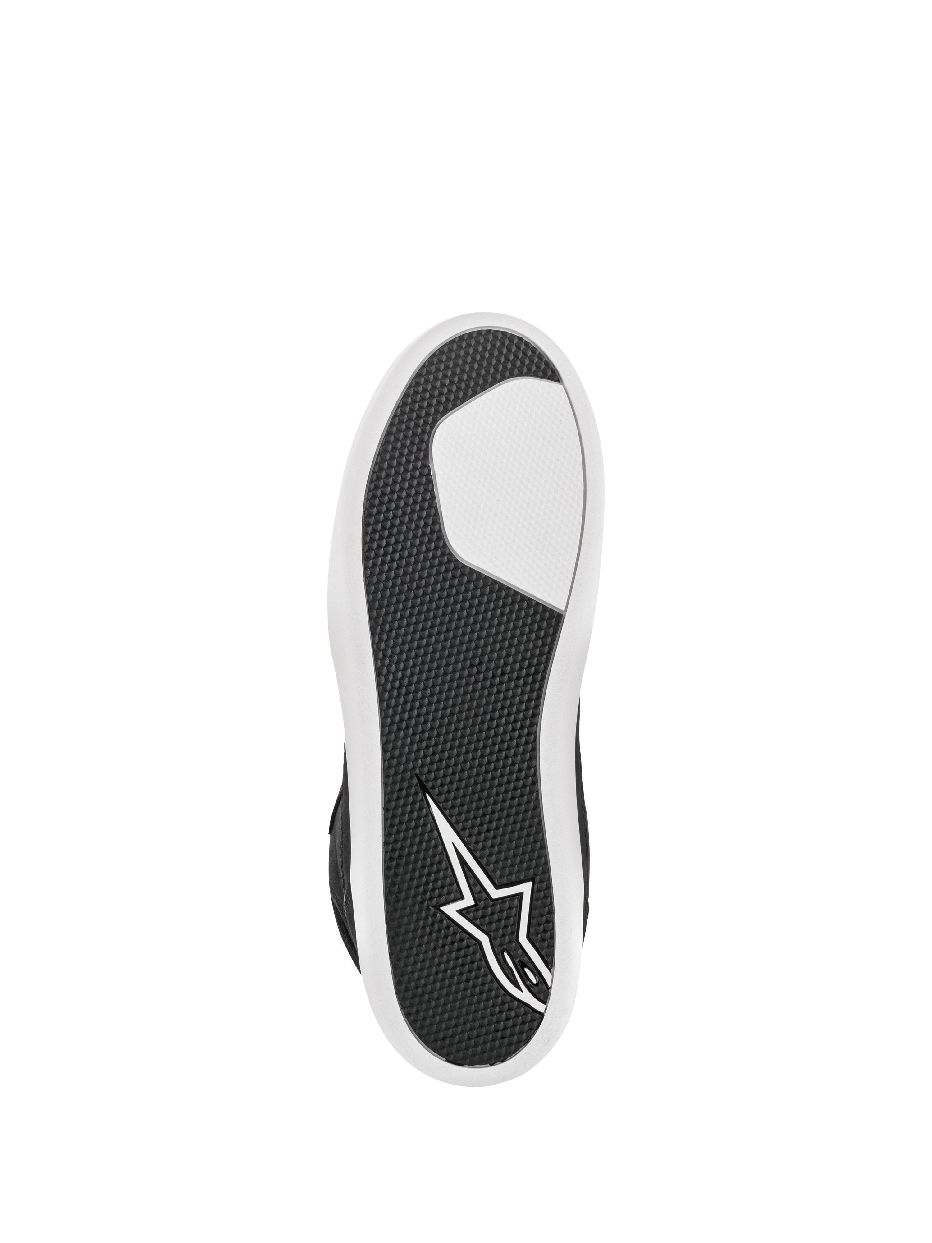 Buty Alpinestars J-6 Waterproof, czarno-białe, widok od dołu ukazujący zaawansowaną gumową podeszwę, teksturowany wzór przyczepności dla trwałości, białe logo gwiazdy na pięcie, miejskie obuwie motocyklowe