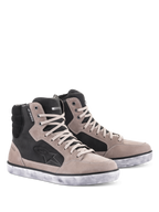Alpinestars J-6 Waterproof Shoe, Motorcycle Riding Shoes, Black Flint and White, high-top sneaker design with distressed white sole, suede and leather upper featuring a star logo and waterproof tag, urban riding footwear