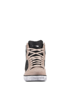 Alpinestars J-6 Waterproof Shoe in Black Flint White, front view, premium leather sneaker-style motorcycle riding shoe featuring tan laces, perforated black tongue, and distressed white sole.