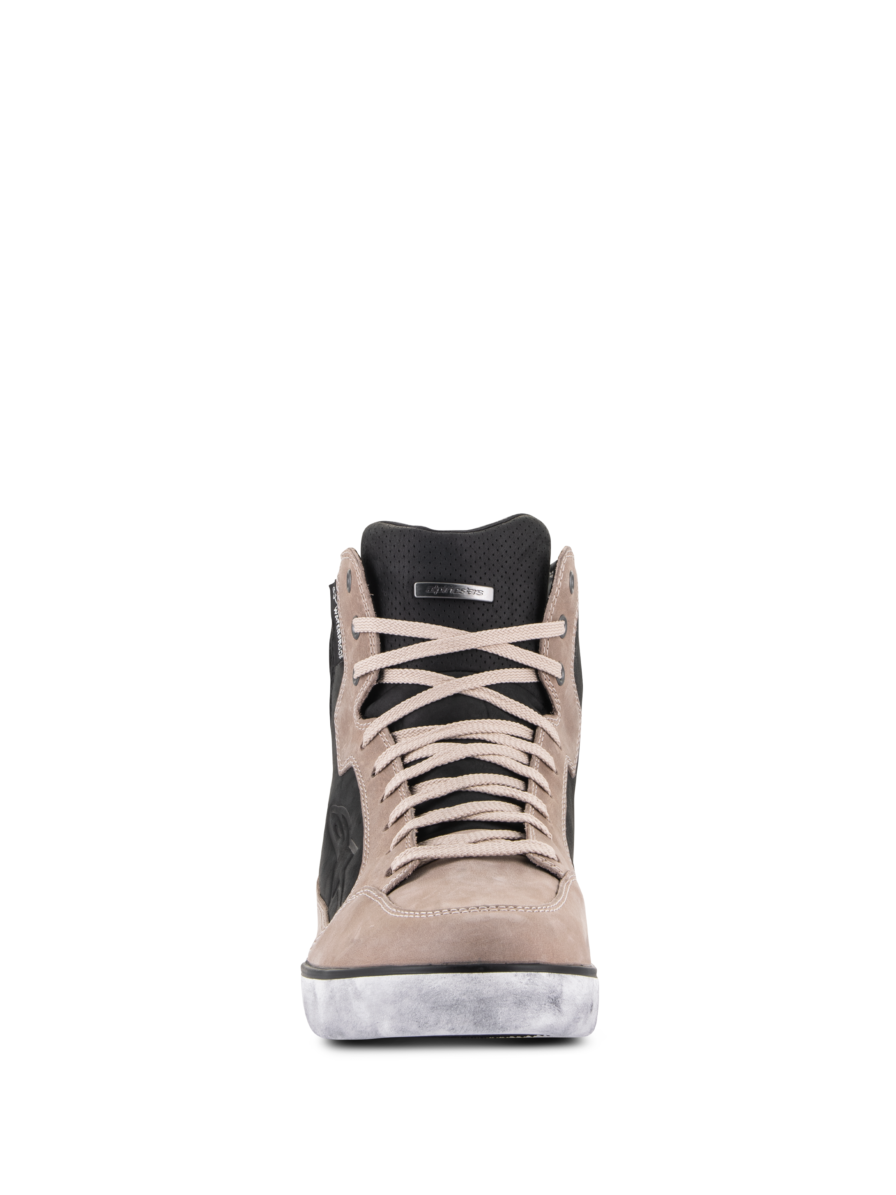 Alpinestars J-6 Waterproof Shoe in Black Flint White, front view, premium leather sneaker-style motorcycle riding shoe featuring tan laces, perforated black tongue, and distressed white sole.