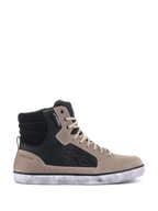 Alpinestars J-6 Waterproof Shoe, Motorcycle Riding Shoe, Black Flint White, leather high-top sneaker design with a distressed white sole, featuring a waterproof tag and embossed side logo