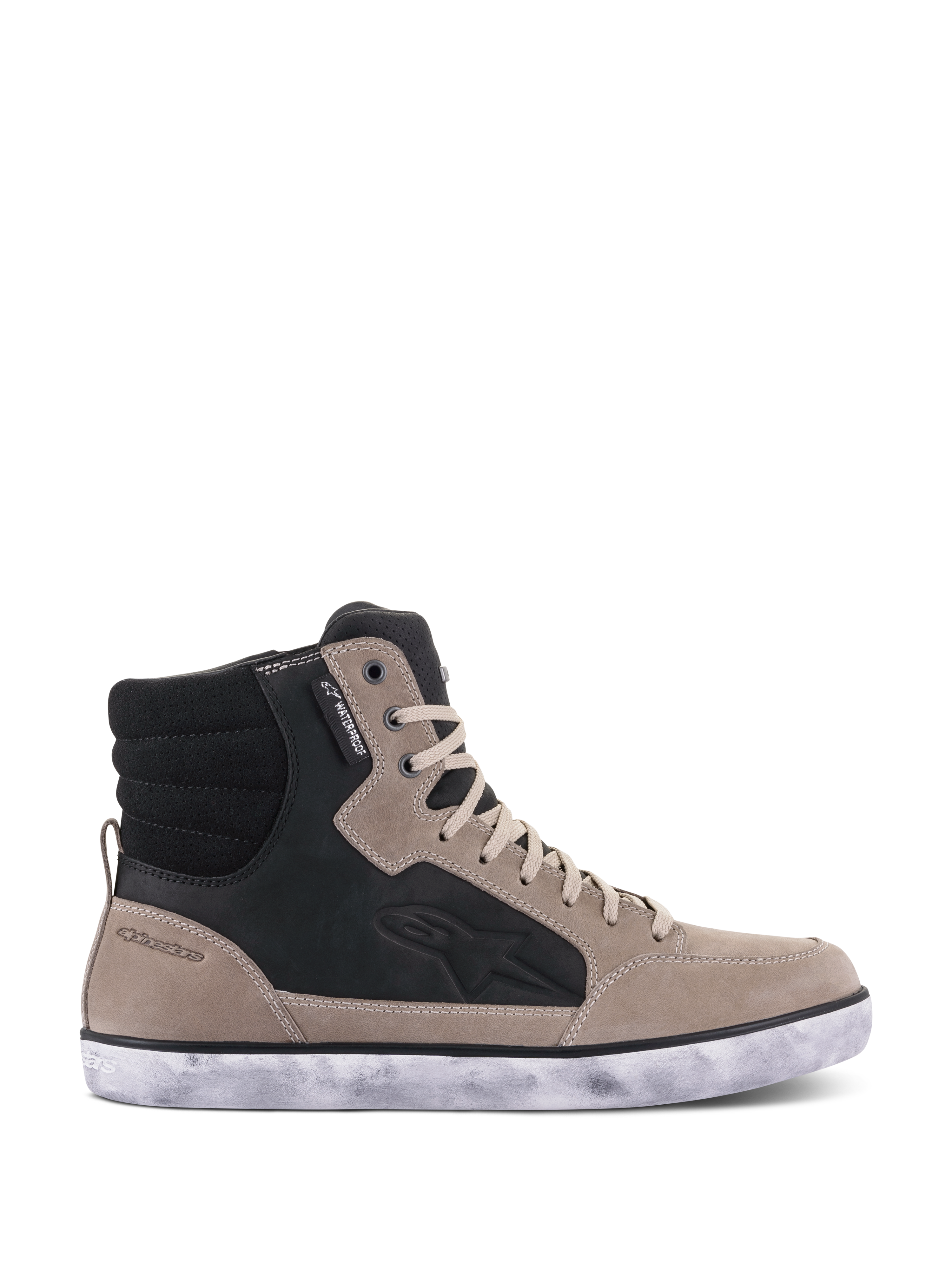Alpinestars J-6 Waterproof Shoe, Motorcycle Riding Shoe, Black Flint White, leather high-top sneaker design with a distressed white sole, featuring a waterproof tag and embossed side logo