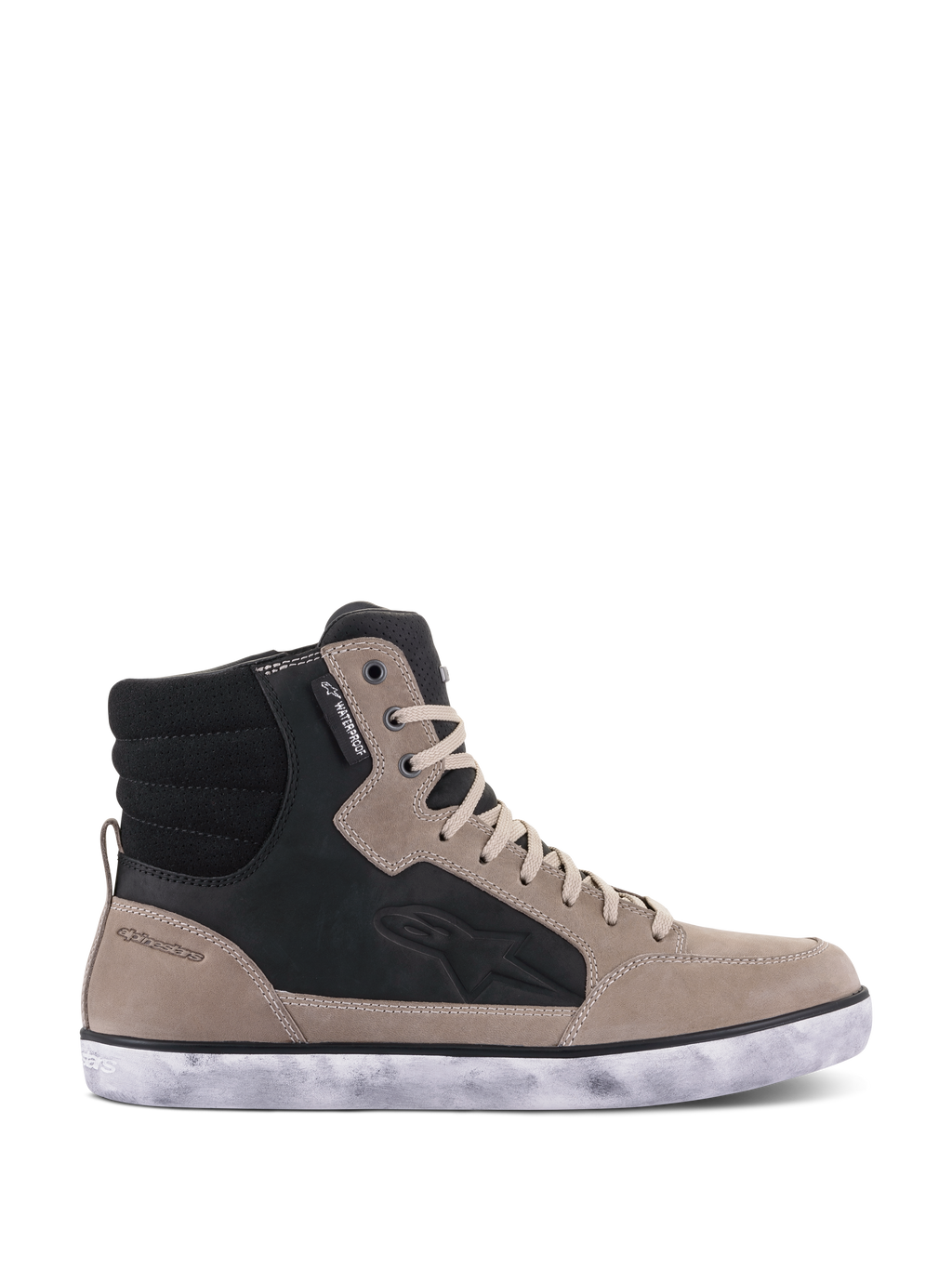 Alpinestars J-6 Waterproof Shoe, Motorcycle Riding Shoe, Black Flint White, sneaker-style high-top design in leather with distressed white rubber sole, featuring side Astar logo and waterproof label