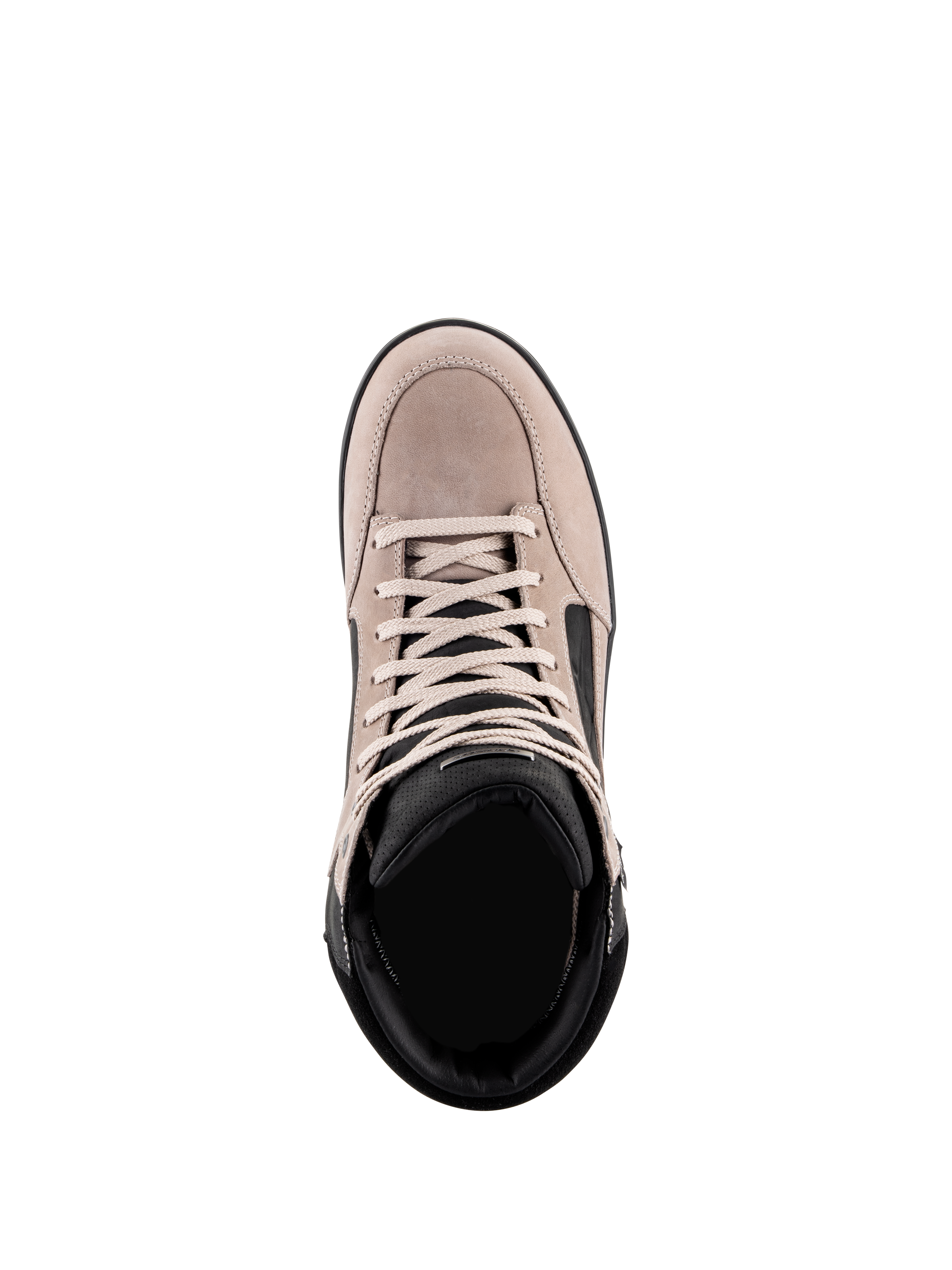 Alpinestars J-6 Waterproof Shoe, Urban Motorcycle Riding Shoe, Black Flint White, top-down view showing suede leather upper, white laces, and black padded collar, casual sneaker-inspired design for motorcycle commuting