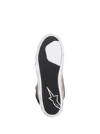 Alpinestars J-6 Waterproof Shoe, Motorcycle Riding Shoe, Black Flint White, bottom view of the outsole featuring textured black rubber for grip, white Alpinestars star logo on the heel, and distressed white edges
