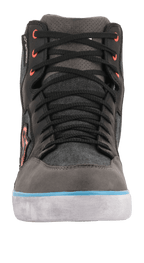 Alpinestars J-6 Waterproof Canvas Riding Shoe, front view, Black and Anthracite with Light Blue sole accent and orange eyelets, sneaker-style motorcycle boot with waterproof membrane
