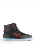 Alpinestars J-6 Waterproof Canvas, czarno-szare męskie buty motocyklowe z niebieskimi i pomarańczowymi akcentami, wodoodporne.