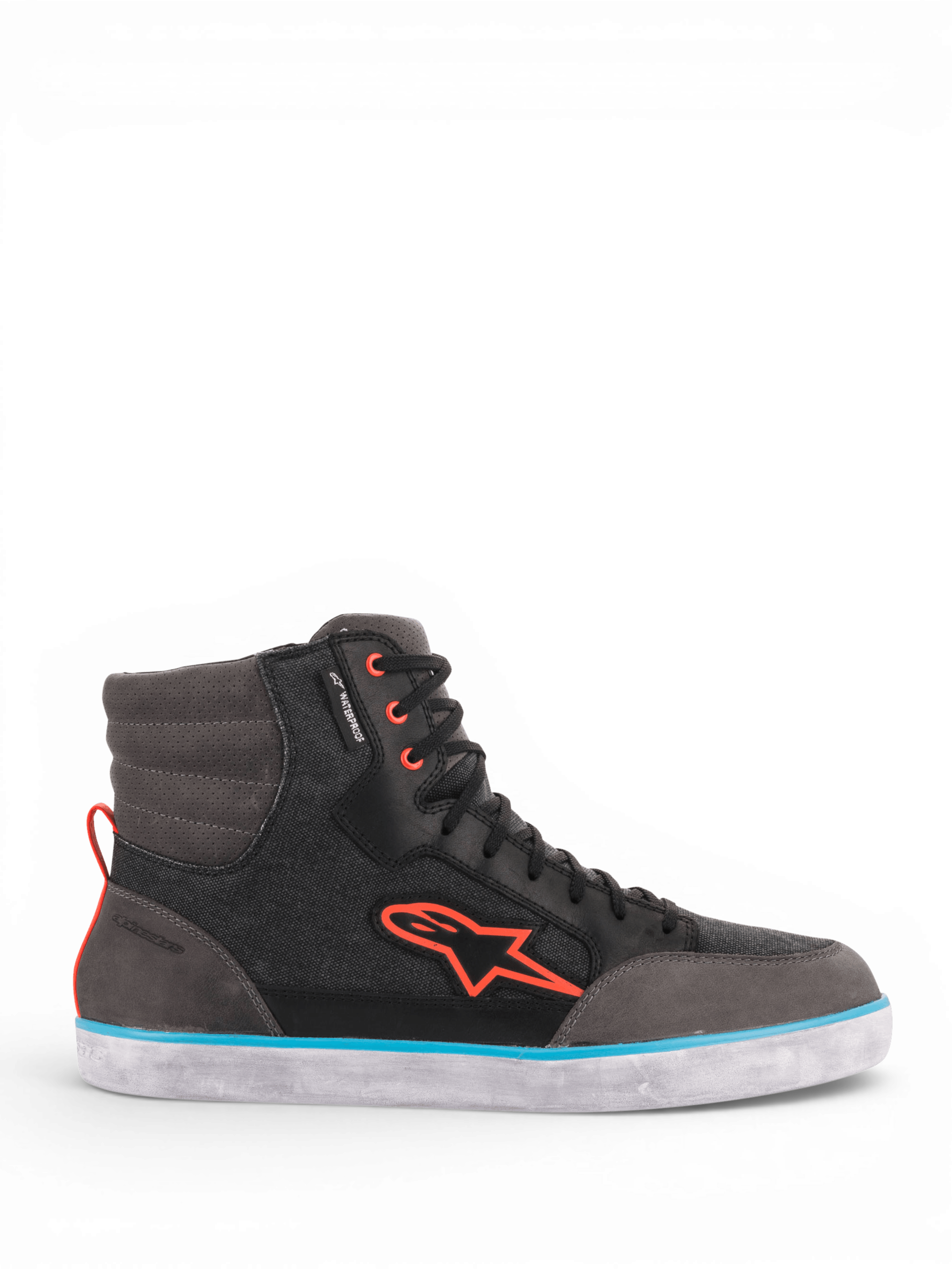 Alpinestars J-6 Waterproof Canvas, czarno-szare męskie buty motocyklowe z niebieskimi i pomarańczowymi akcentami, wodoodporne.