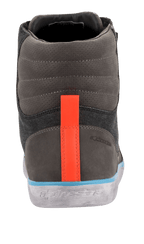 Alpinestars J-6 Waterproof Canvas Riding Shoe, Rear view, Gray and Anthracite upper with a bright Orange heel stripe, Light Blue trim above a gray distressed sole, urban sneaker-style motorcycle boot with embossed branding