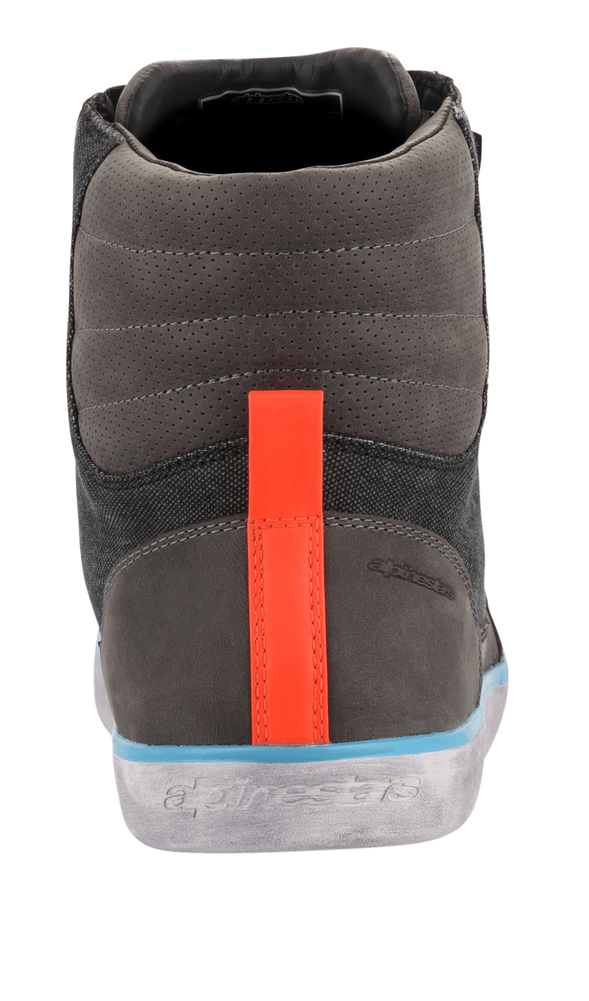 Alpinestars J-6 Waterproof Canvas Riding Shoe, Rear view, Gray and Anthracite upper with a bright Orange heel stripe, Light Blue trim above a gray distressed sole, urban sneaker-style motorcycle boot with embossed branding
