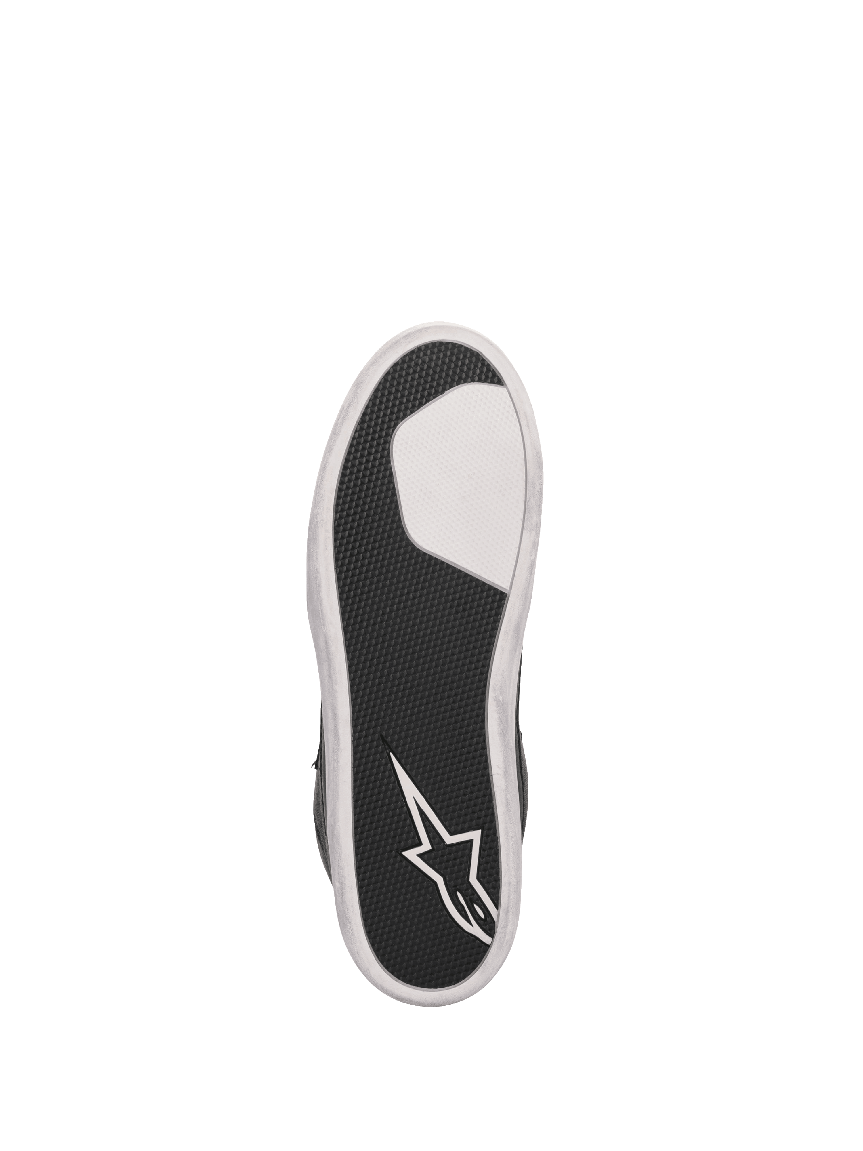 Alpinestars J-6 Waterproof Riding Shoe sole, Black and White vulcanized rubber cup outsole with grip and star logo.