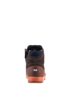 Buty Alpinestars Chrome Crafted Drystar®, widok z tyłu, Brown Gum, codzienne miejskie buty motocyklowe, wykonane ze skóry i zamszu, półprzezroczysta gumowa podeszwa z wytłoczonym logo, odblaskowy element na pięcie