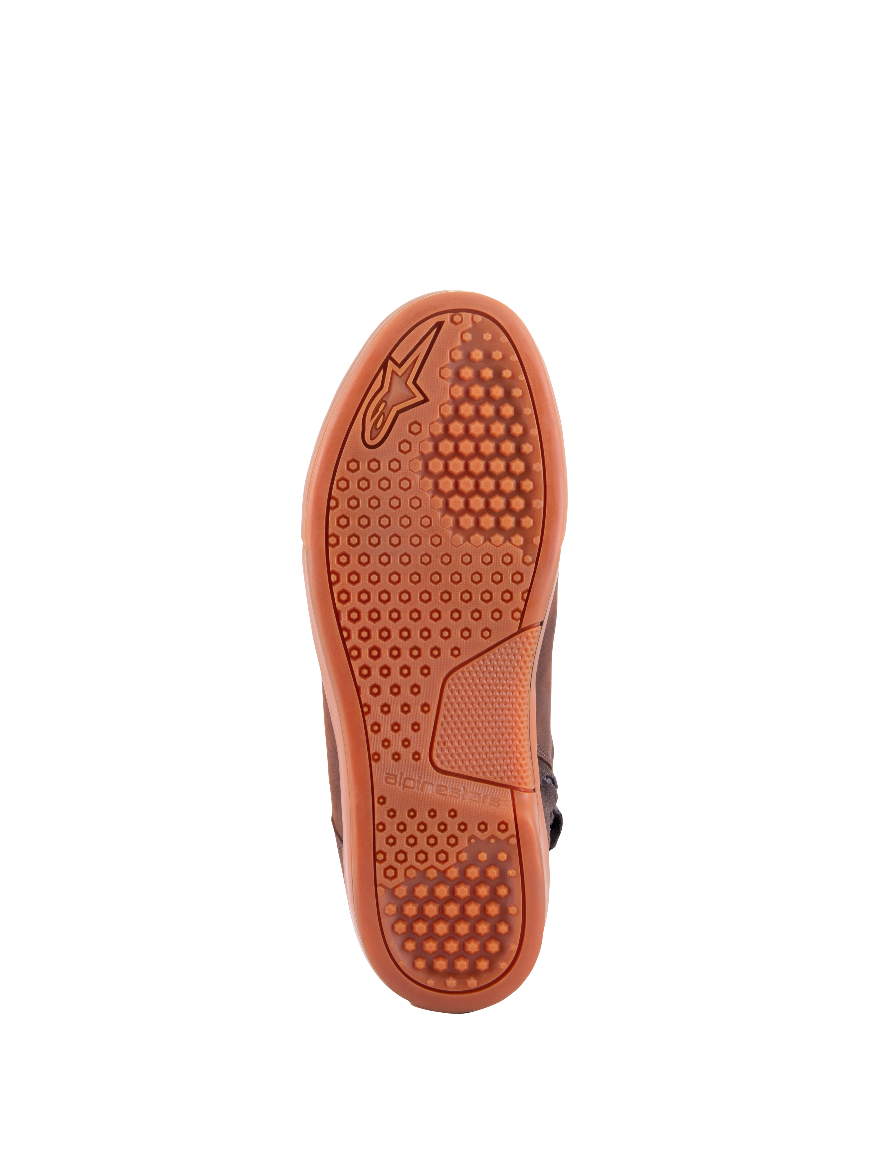 Alpinestars Chrome Crafted Drystar®, Brown Gum, widok od spodu przedstawiający gumową podeszwę z sześciokątnym wzorem bieżnika i wytłoczonym logo Alpinestars, miejskie obuwie motocyklowe