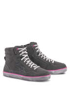 Alpinestars Women's J-6 Waterproof Shoes, Riding Shoes, Light Gray with Fuchsia accents, high-top sneaker-style design, suede and leather upper, white laces, pink trim on sole and eyelets, urban motorcycle gear