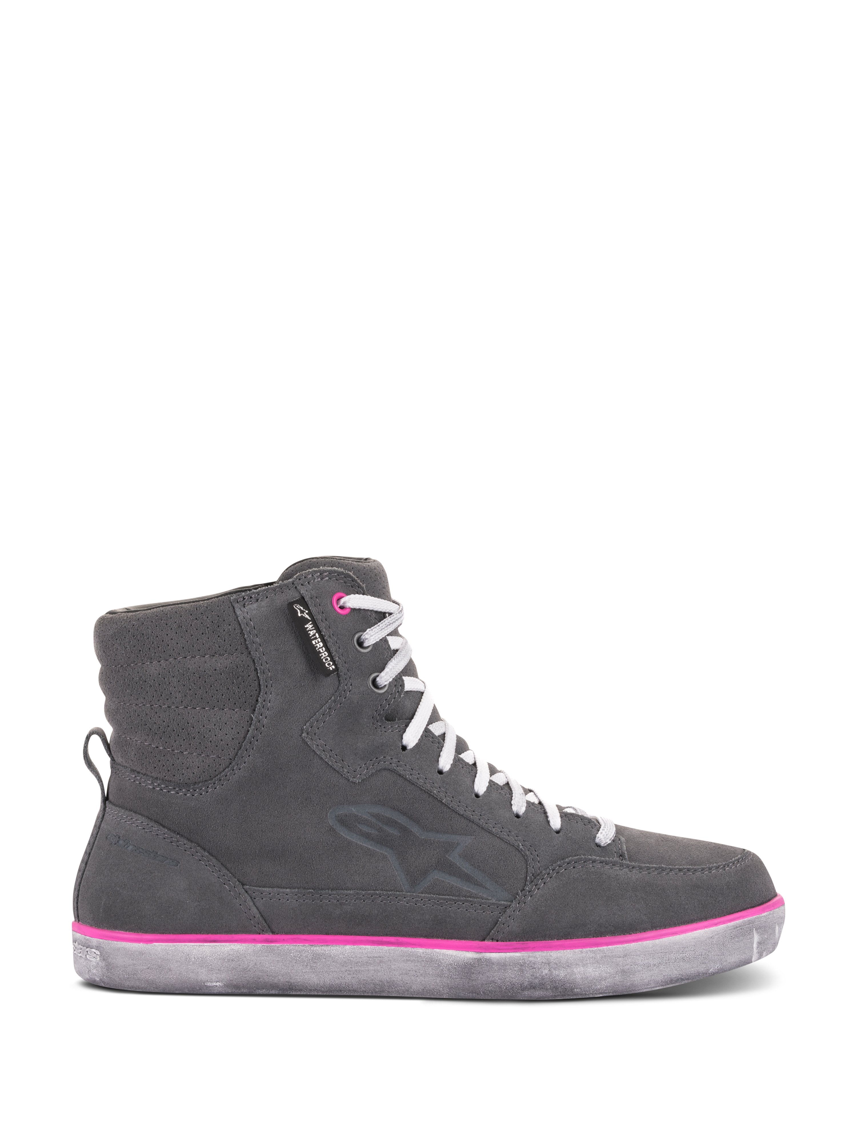 Alpinestars Women's J-6 Waterproof Shoes, Riding Shoes, Gray and Fuchsia, high-top sneaker design featuring a gray suede upper, white laces, and a vibrant pink accent line above the weathered rubber sole.