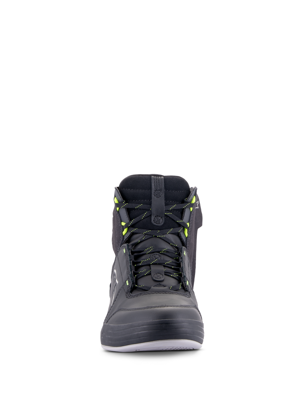 Buty Alpinestars Chrome Drystar®, miejskie buty motocyklowe, czarne i ciemnoszare z żółtym fluo, widok z przodu przedstawiający sznurowadła z żółtymi akcentami, wysoka konstrukcja ze skóry i zamszu, wodoodporny design streetwear