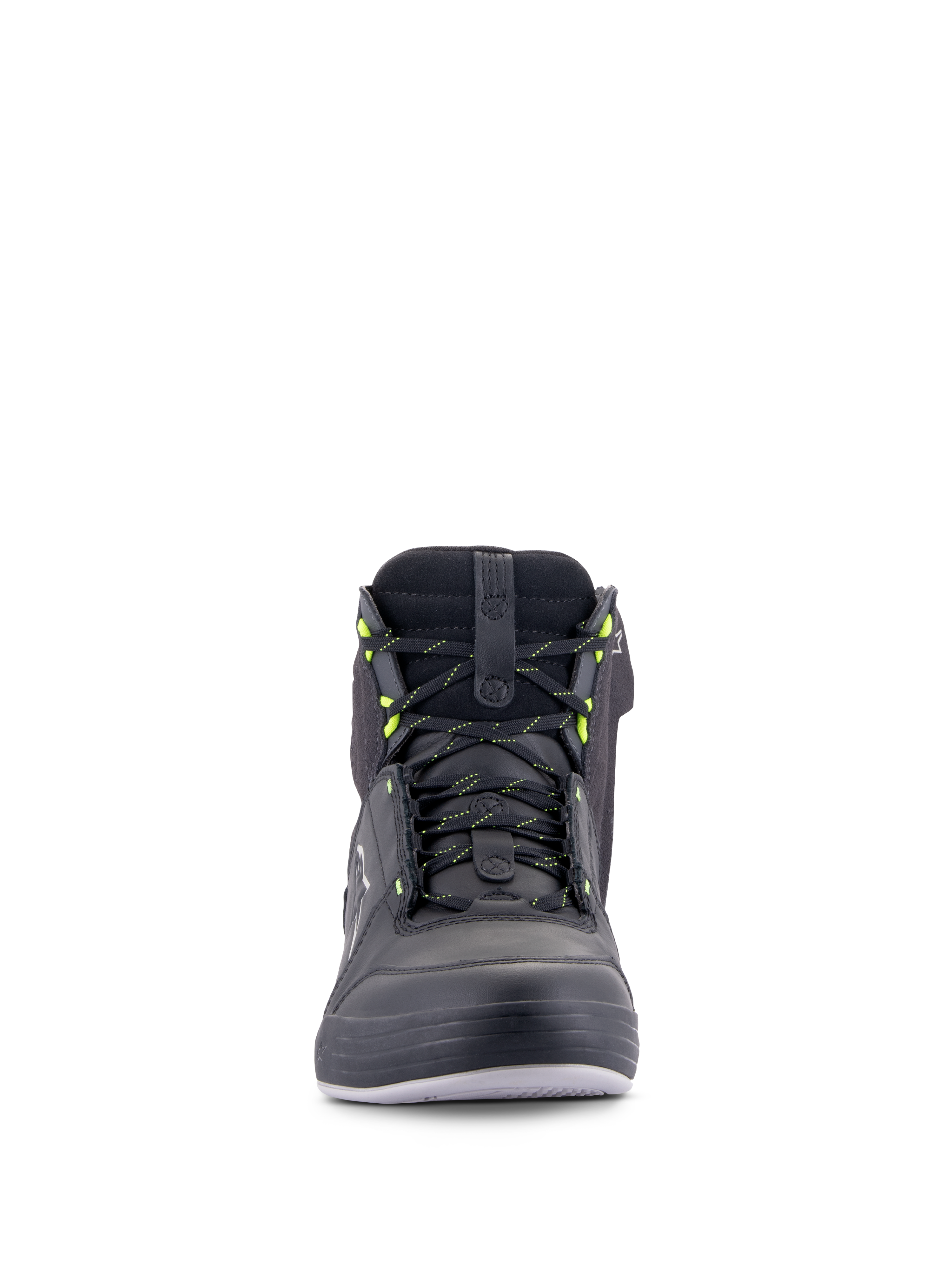 Buty Alpinestars Chrome Drystar®, miejskie buty motocyklowe, czarne i ciemnoszare z żółtym fluo, widok z przodu przedstawiający sznurowadła z żółtymi akcentami, wysoka konstrukcja ze skóry i zamszu, wodoodporny design streetwear