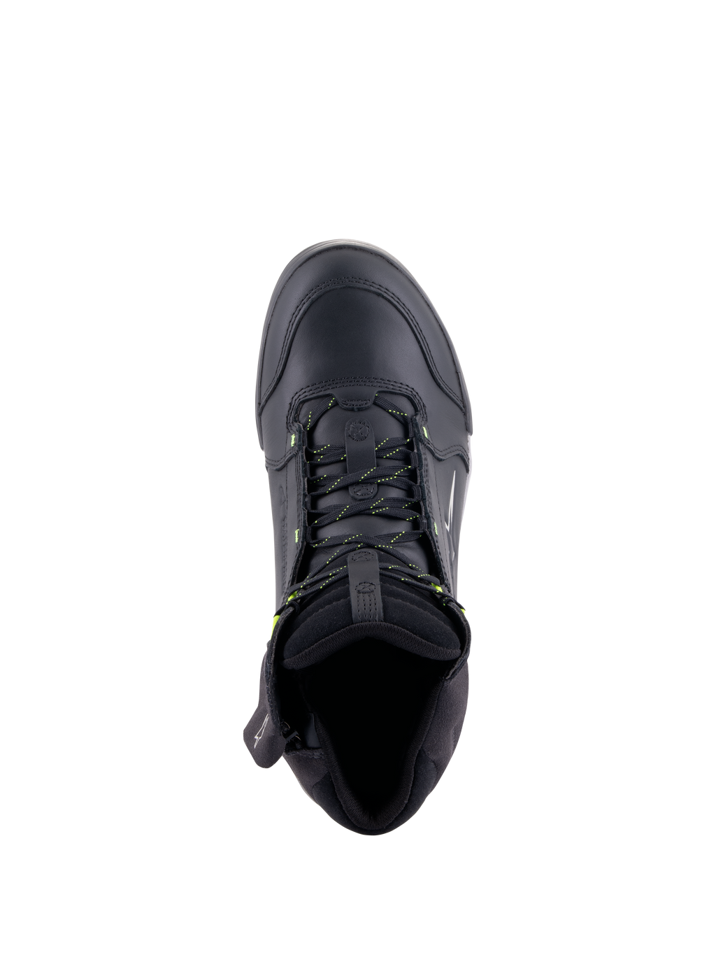 Buty Alpinestars Chrome Drystar®, miejskie buty motocyklowe, czarne i żółte fluo, widok z góry ukazujący konstrukcję ze skóry premium, sznurowadła z żółtymi akcentami oraz wyściełany kołnierz zapewniający komfort