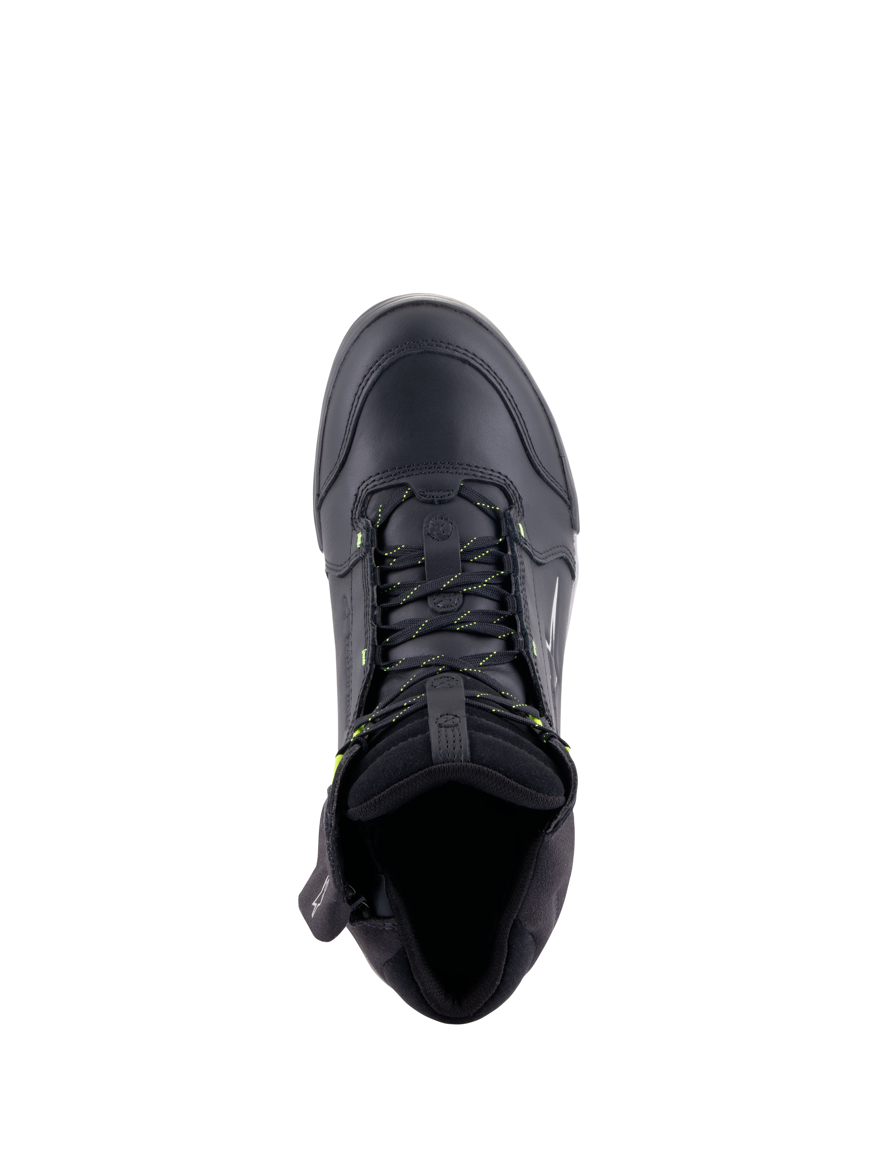 Buty Alpinestars Chrome Drystar®, miejskie buty motocyklowe, czarne i żółte fluo, widok z góry ukazujący konstrukcję ze skóry premium, sznurowadła z żółtymi akcentami oraz wyściełany kołnierz zapewniający komfort