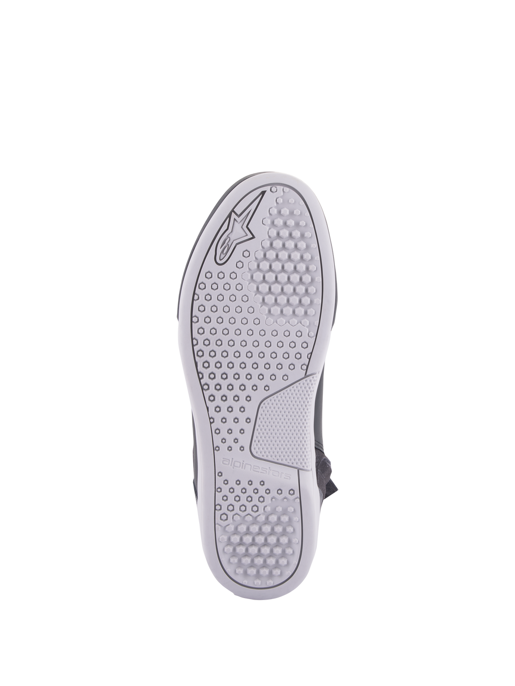 Alpinestars Chrome Drystar® Shoes, miejskie buty motocyklowe, widok podeszwy, jasnoszara gumowa podeszwa z heksagonalnym i okrągłym wzorem bieżnika, wytłoczone logo i nazwa marki Alpinestars